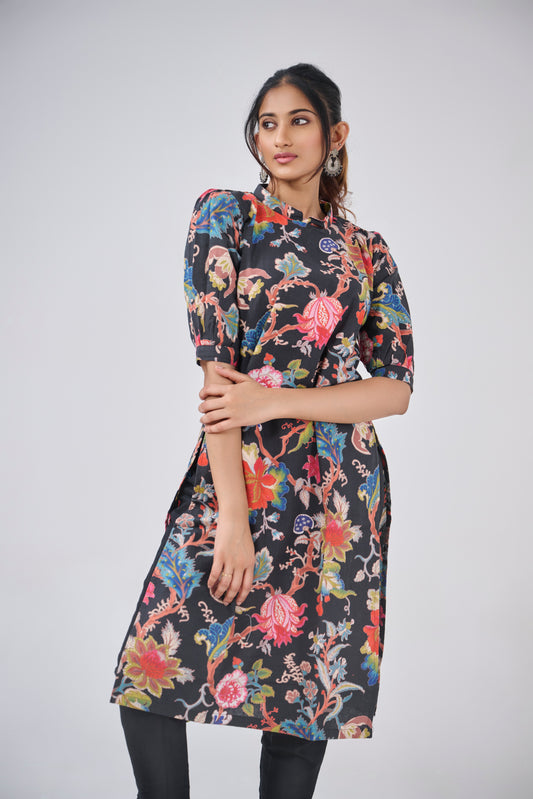 BLACK FLORAL HIGH NECK KURTA TOP BESU INDIA