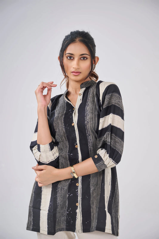 BLACK AND GREY BRUSH STRIPES TOP BESU INDIA
