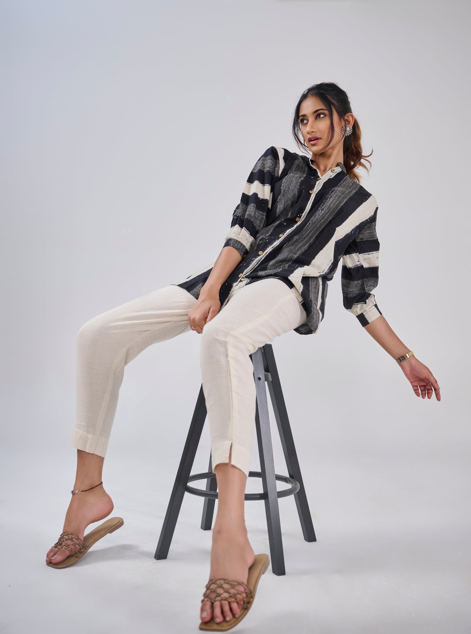 BLACK AND GREY BRUSH STRIPES TOP BESU INDIA