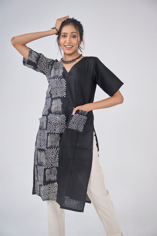 HALF CHECK BOXES AND HALF PLAIN WITH POCKET KUTA TOP BESU INDIA
