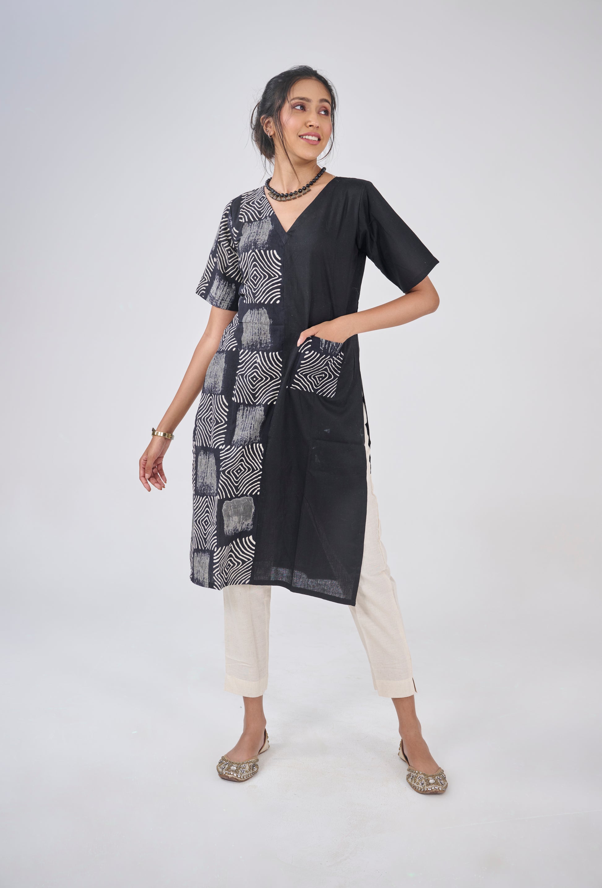HALF CHECK BOXES AND HALF PLAIN WITH POCKET KUTA TOP BESU INDIA