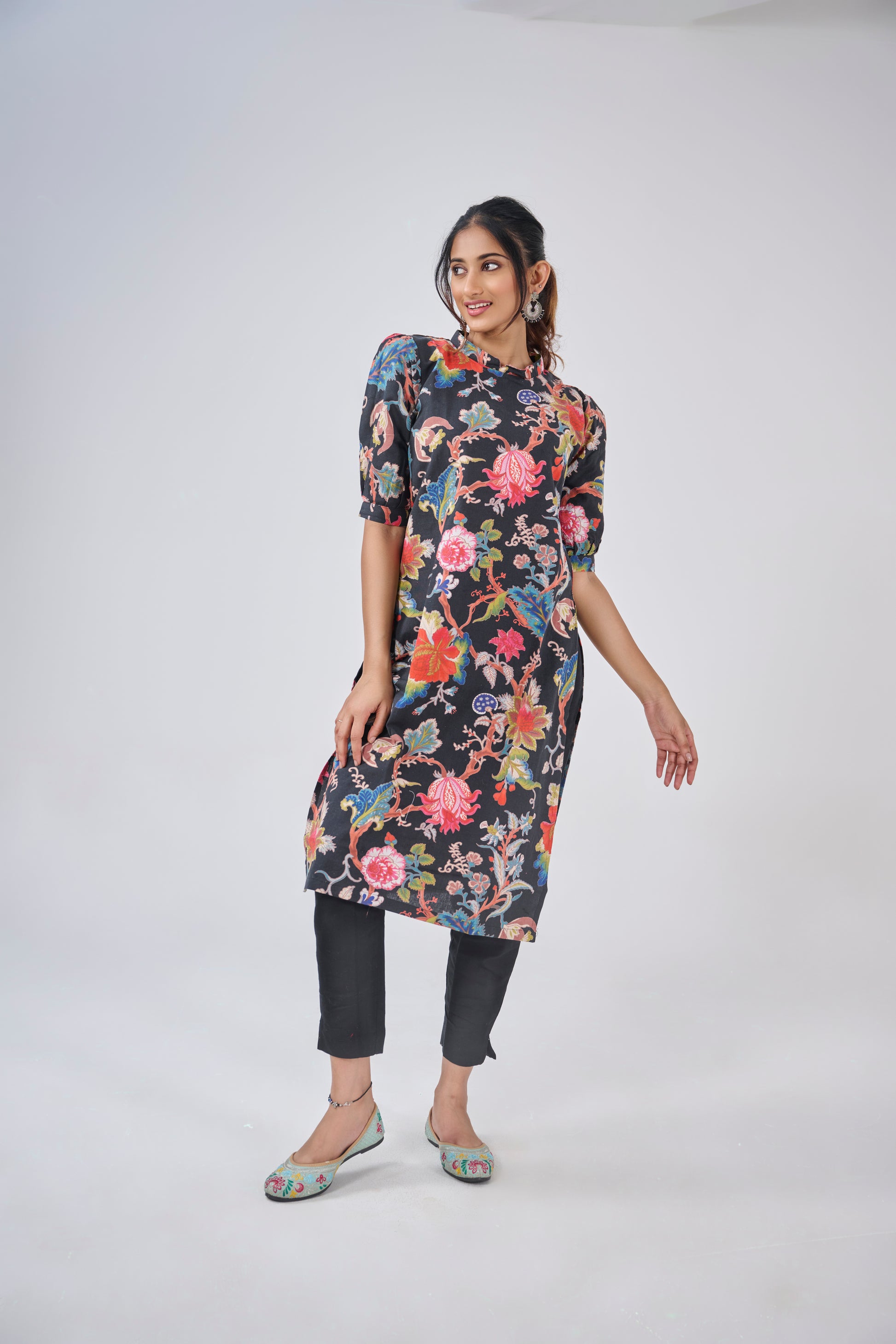 BLACK FLORAL HIGH NECK KURTA TOP BESU INDIA