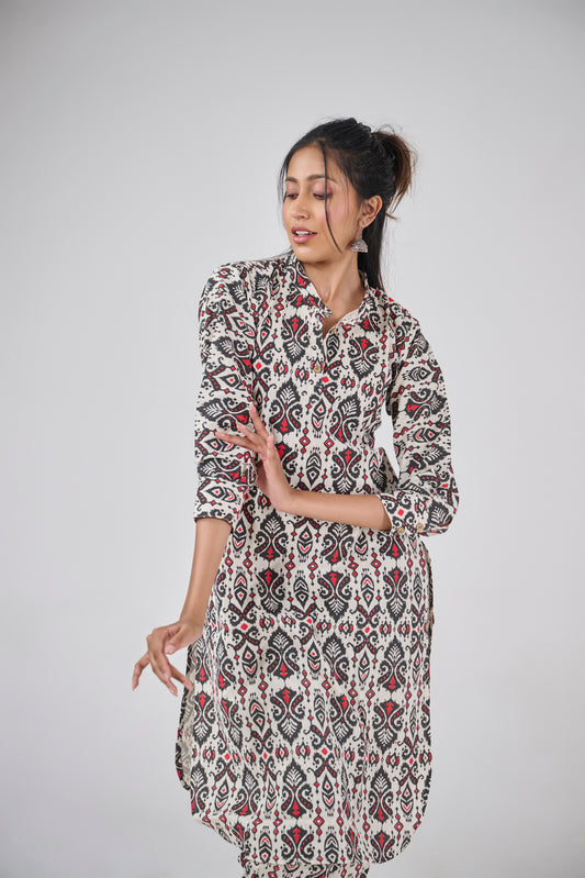 BLACK AND RED BALINESE PRINT COTTON KURTA TOP BESU INDIA
