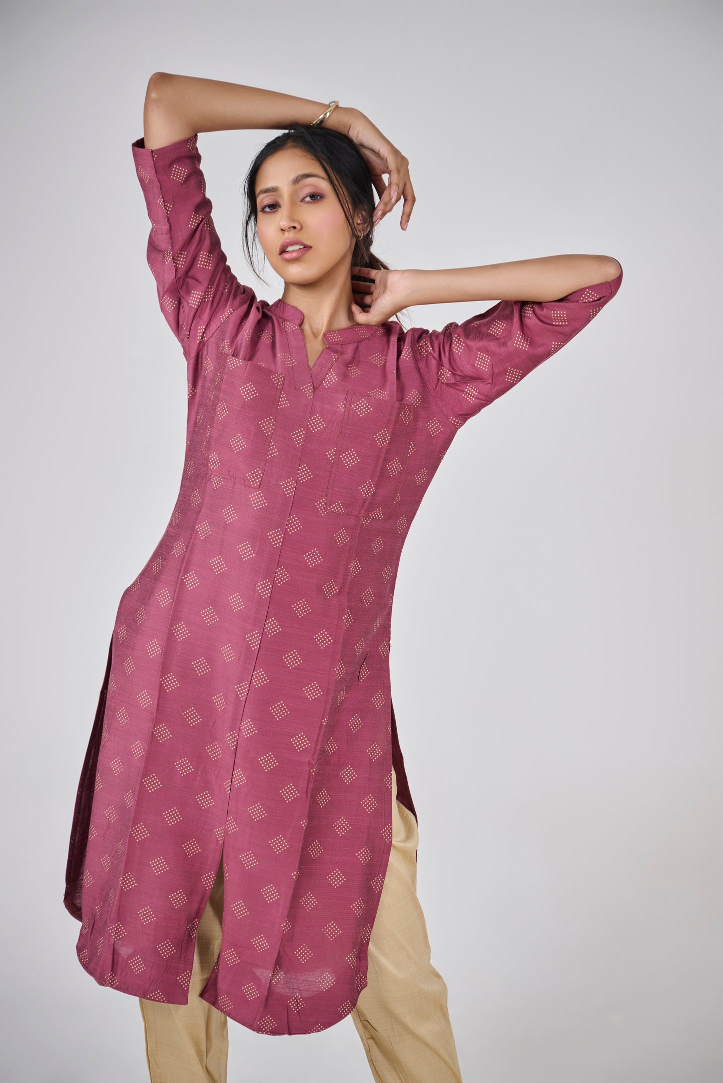 A DEEP RED PRINTED COTTON SLUB KURTA TOP BESU INDIA