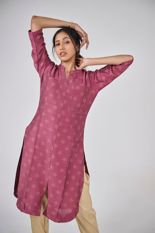 A DEEP RED PRINTED COTTON SLUB KURTA TOP BESU INDIA