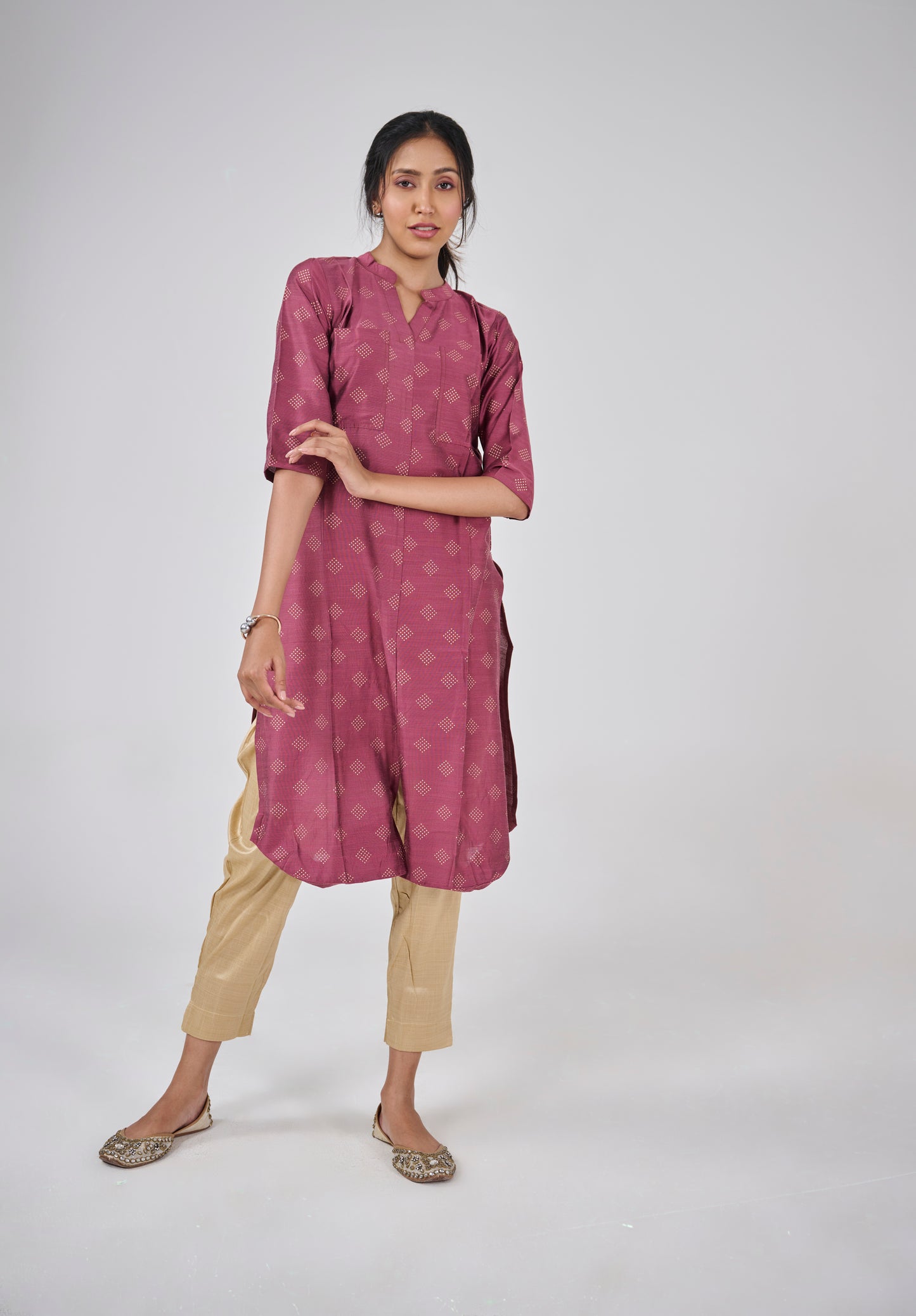 A DEEP RED PRINTED COTTON SLUB KURTA TOP BESU INDIA