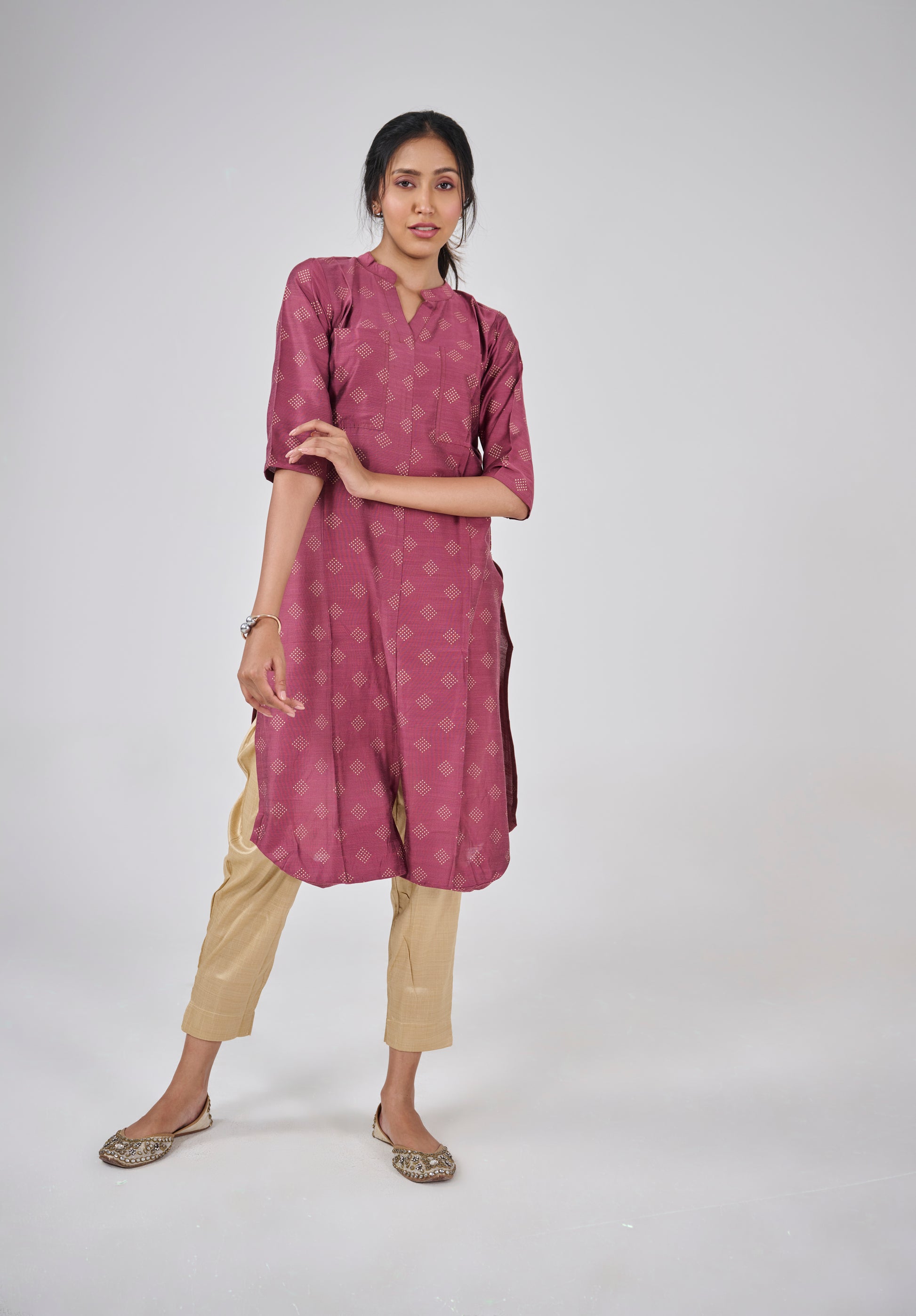 A DEEP RED PRINTED COTTON SLUB KURTA TOP BESU INDIA