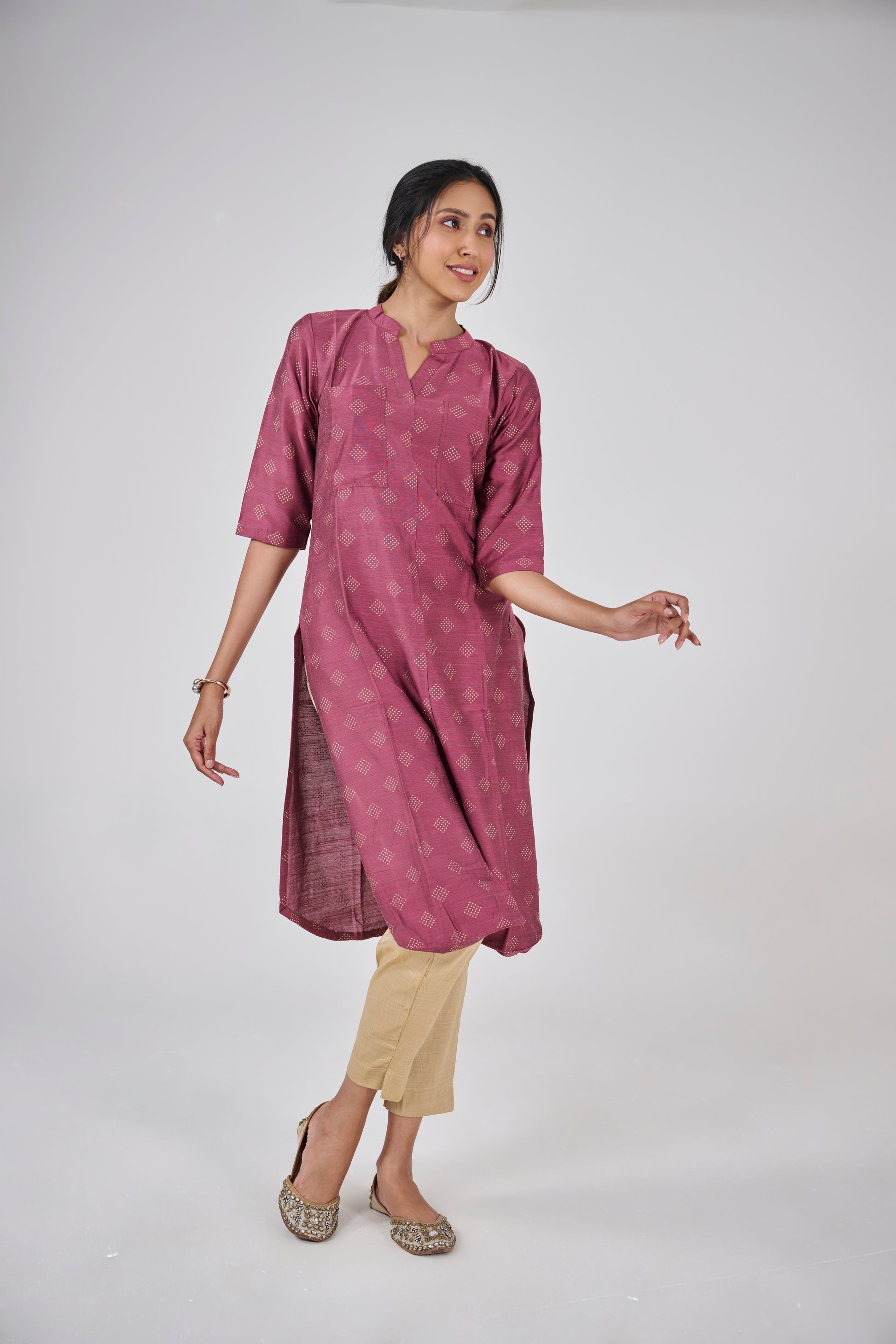 A DEEP RED PRINTED COTTON SLUB KURTA TOP BESU INDIA