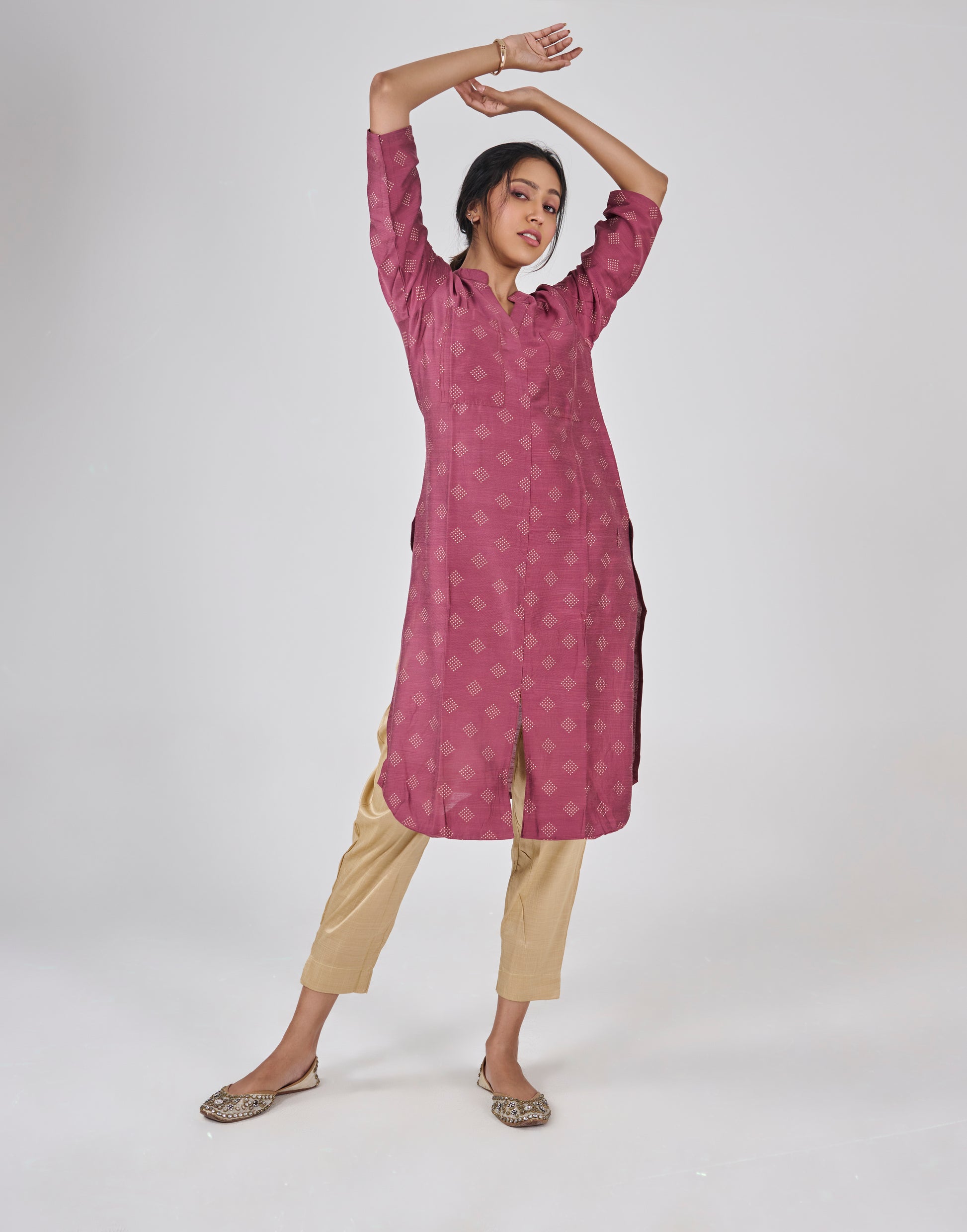 A DEEP RED PRINTED COTTON SLUB KURTA TOP BESU INDIA