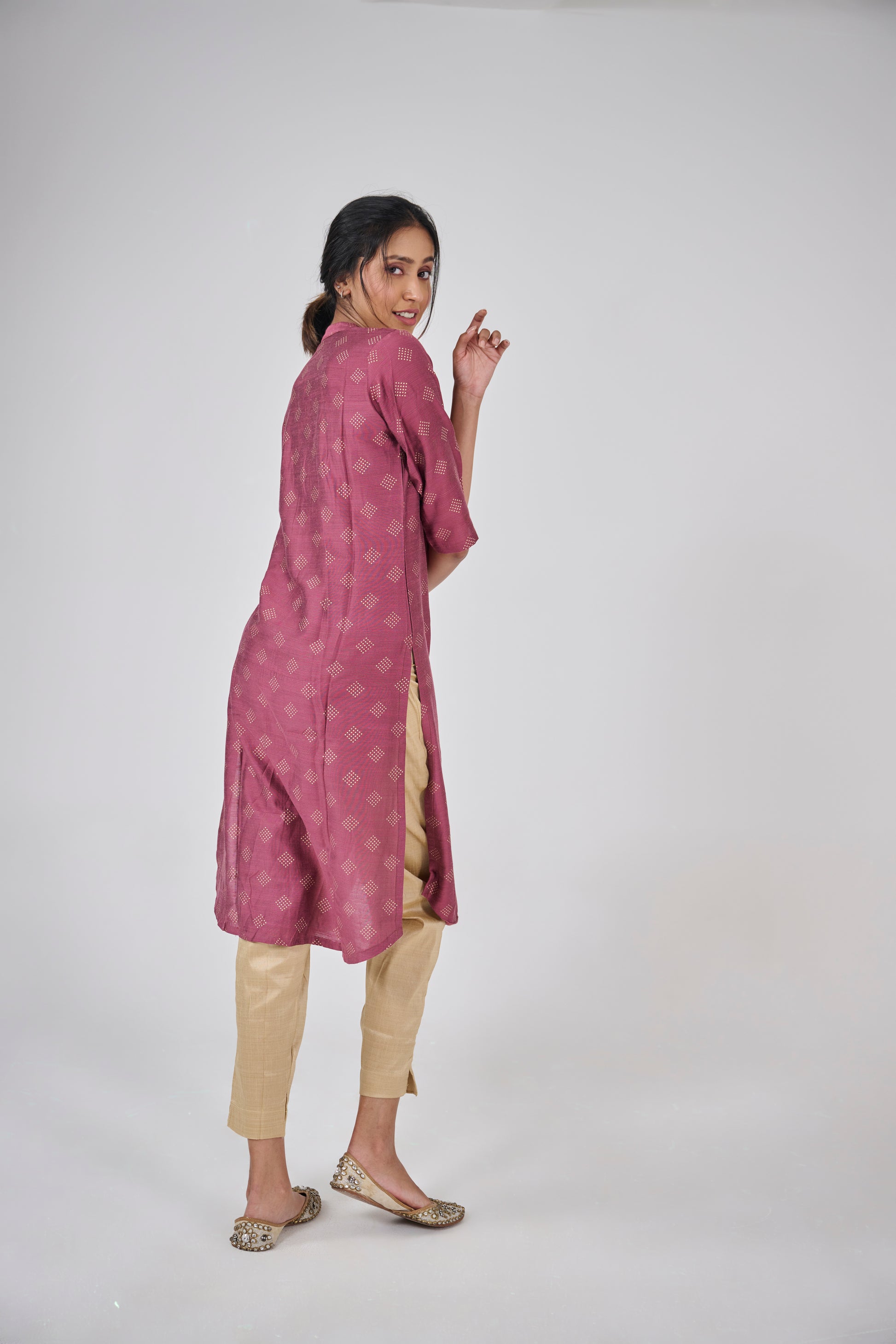 A DEEP RED PRINTED COTTON SLUB KURTA TOP BESU INDIA