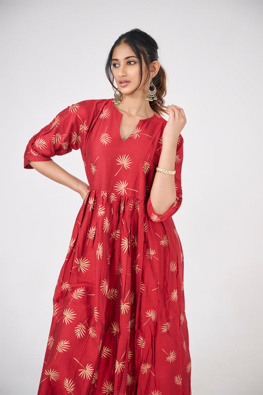 GOLD LEAF PRINTED ON RED FLARED TOP BESU INDIA