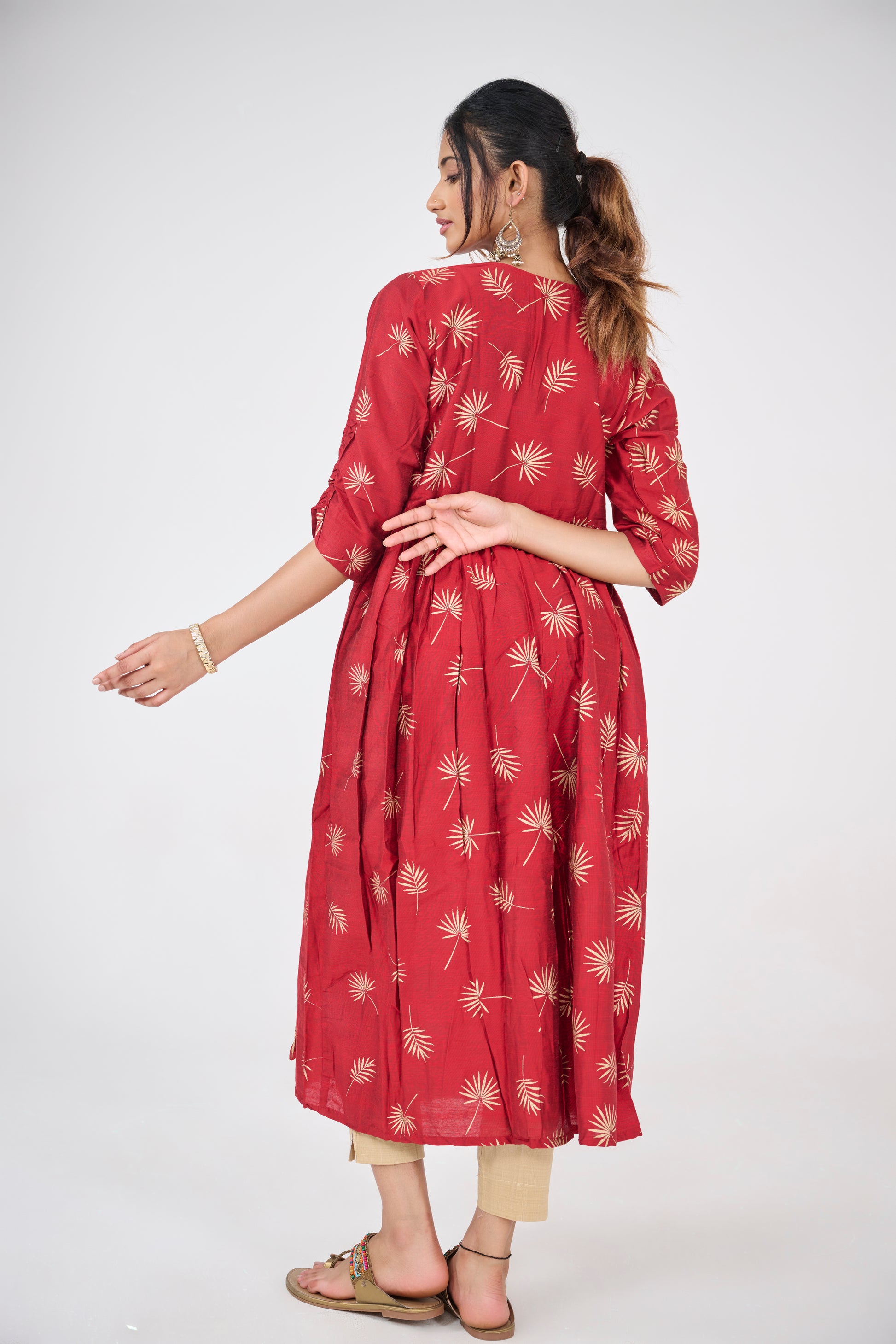GOLD LEAF PRINTED ON RED FLARED TOP BESU INDIA