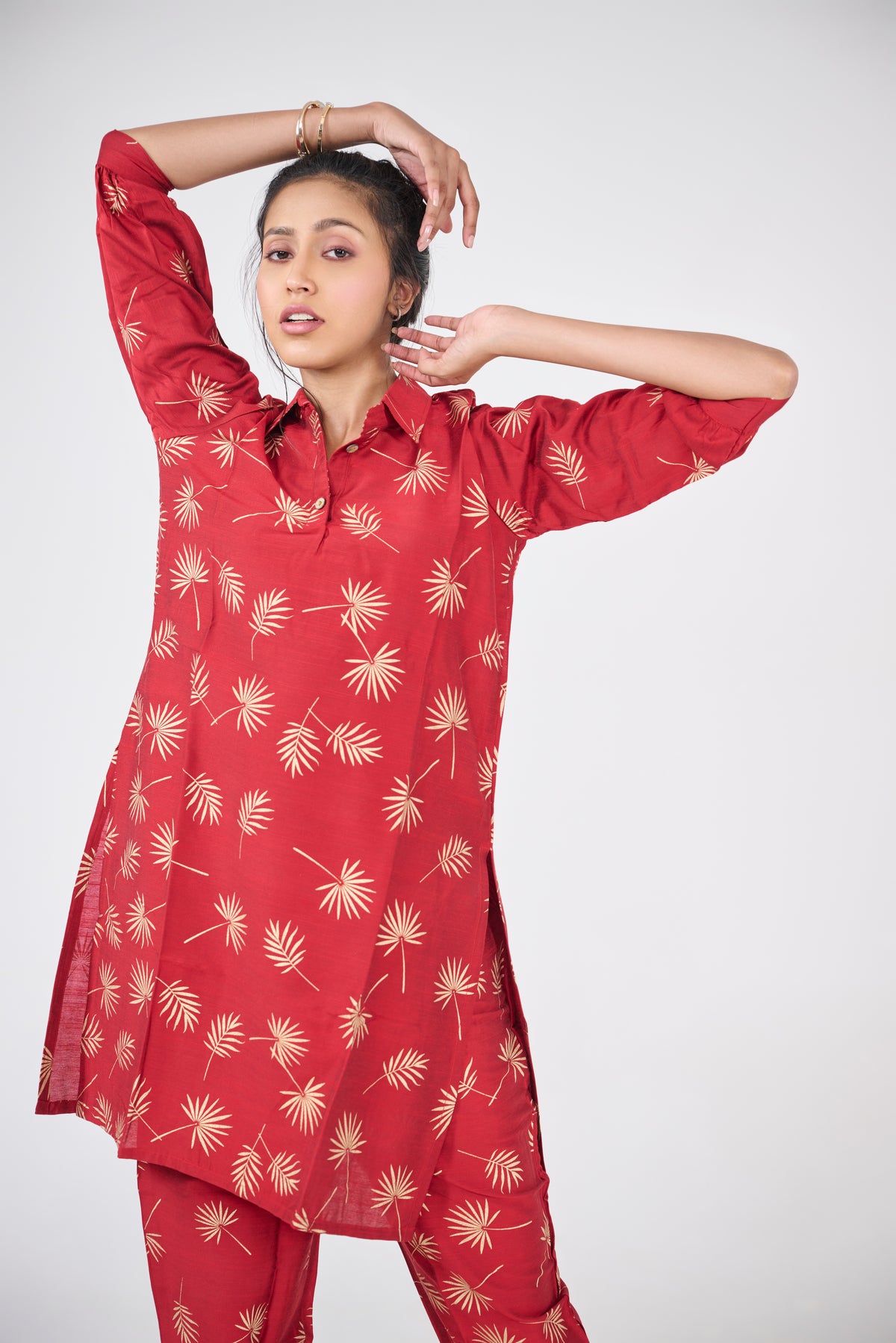 RED SILK SLUB PRINTED SHIRT KURTA TOP BESU INDIA