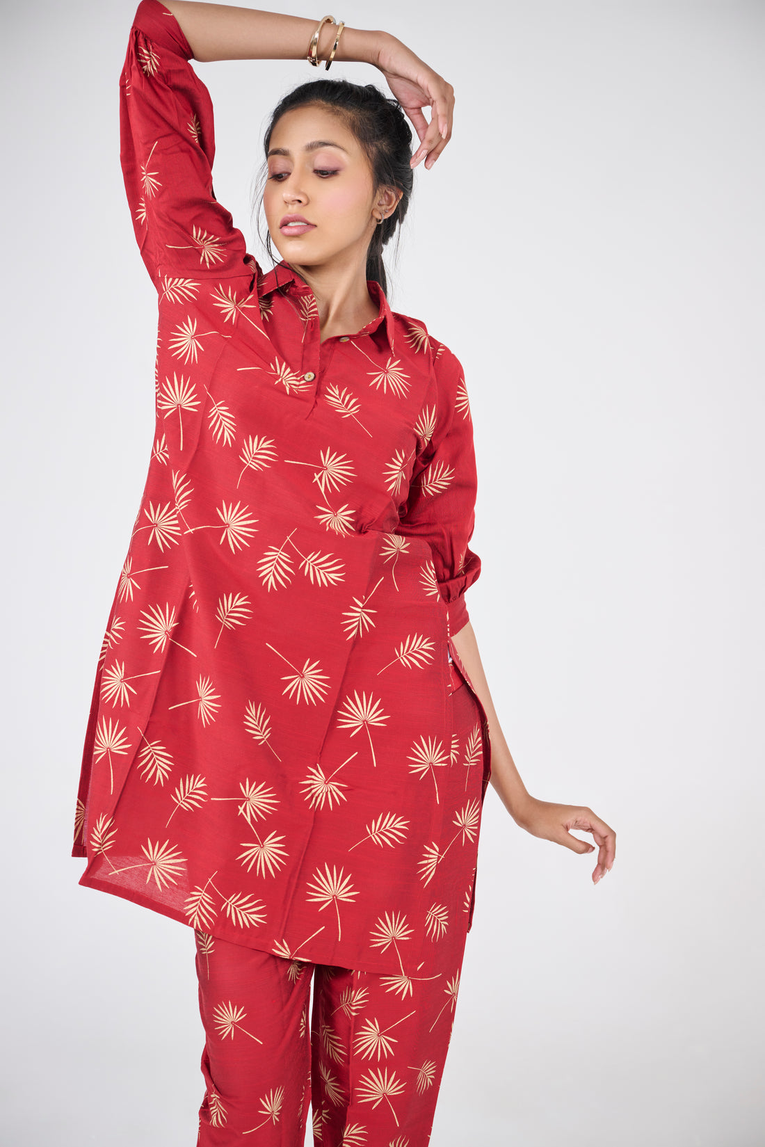 RED SILK SLUB PRINTED SHIRT KURTA TOP BESU INDIA