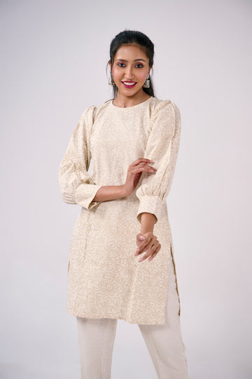 ORGANIC COTTON FLORAL PRINTED BISHOP SLEEVE KURTA TOP BESU INDIA