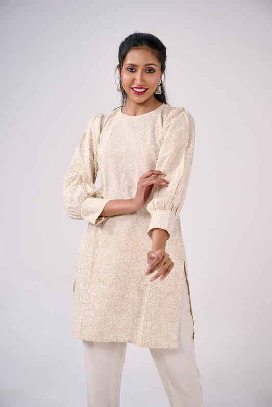 ORGANIC COTTON FLORAL PRINTED BISHOP SLEEVE KURTA TOP BESU INDIA