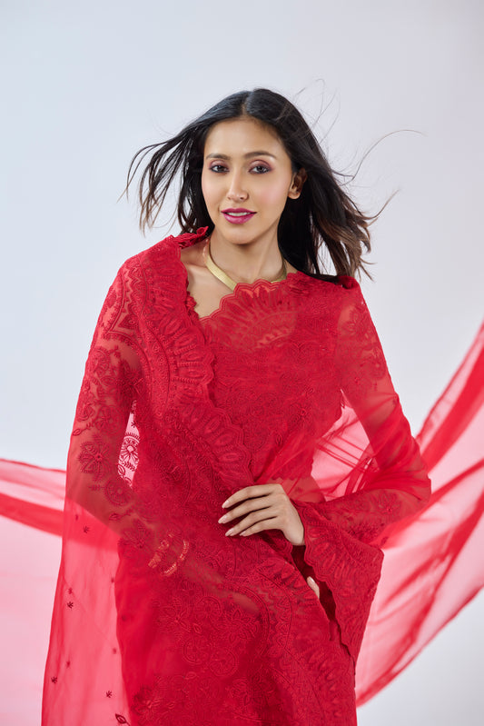 DEEP RED INTRICATE THREAD EMBROIDERED ORGANZA SAREE BESU INDIA