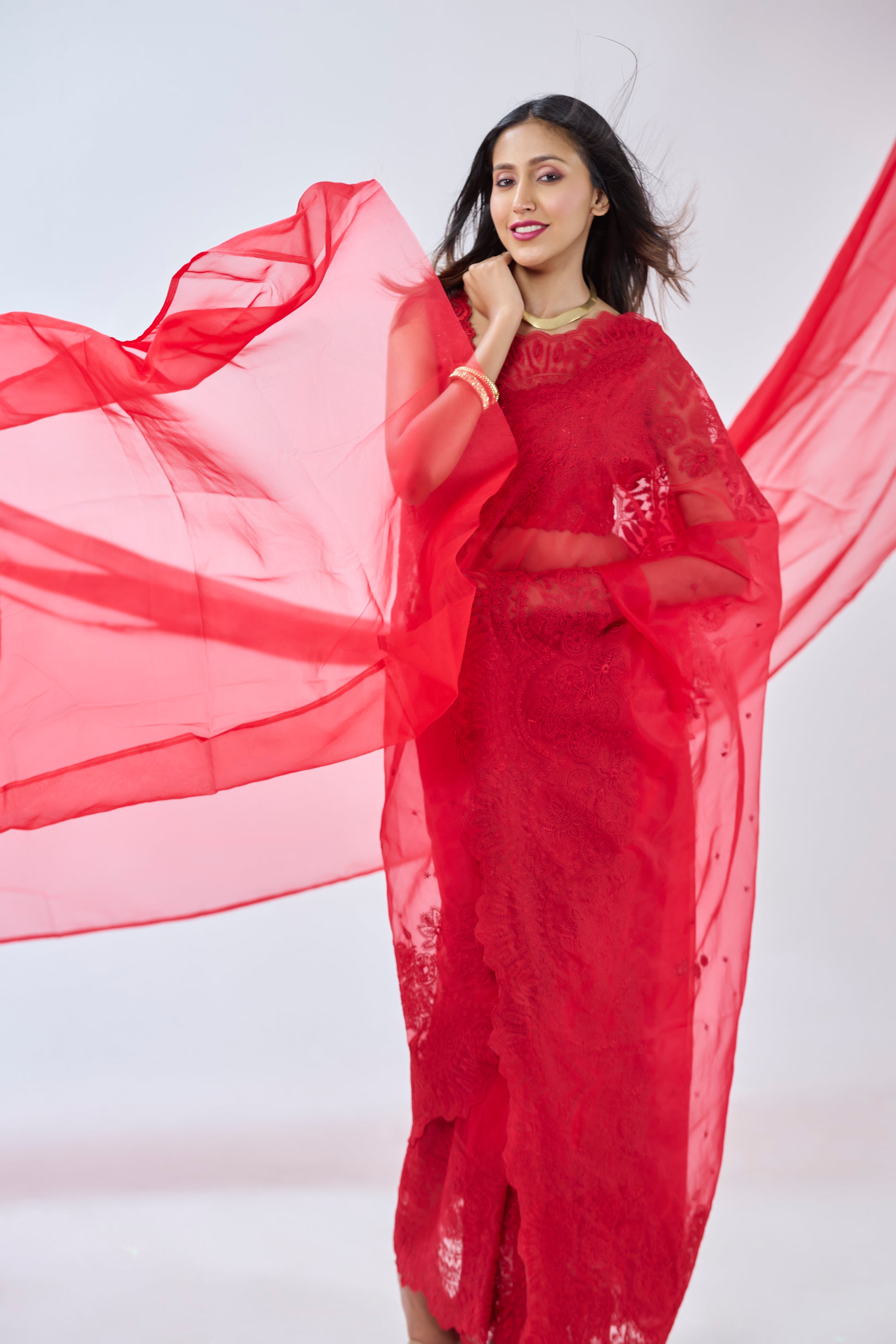 DEEP RED INTRICATE THREAD EMBROIDERED ORGANZA SAREE BESU INDIA