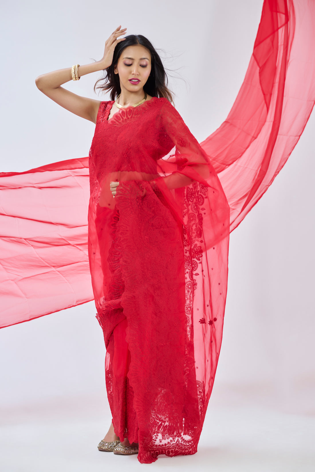 DEEP RED INTRICATE THREAD EMBROIDERED ORGANZA SAREE BESU INDIA