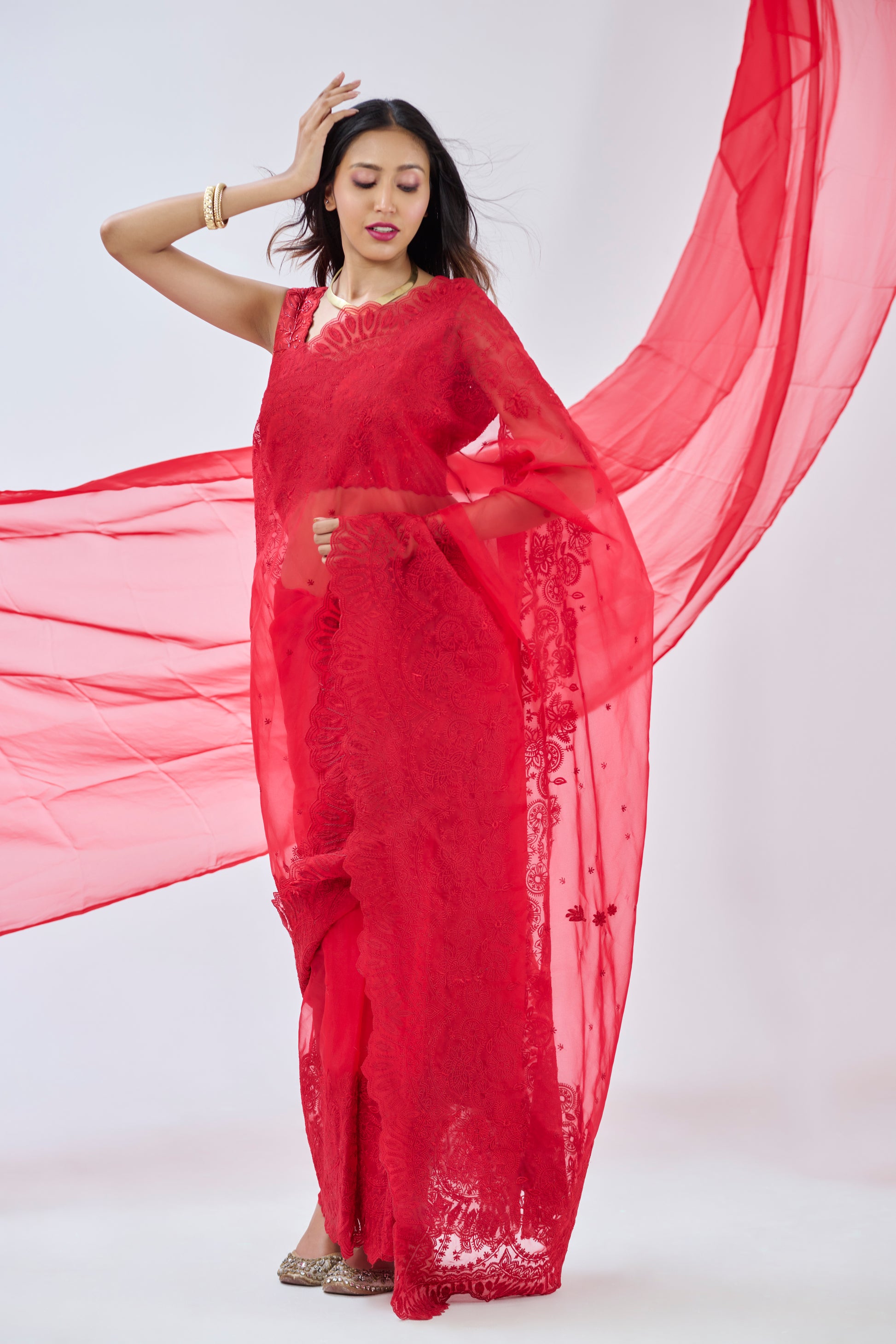 DEEP RED INTRICATE THREAD EMBROIDERED ORGANZA SAREE BESU INDIA