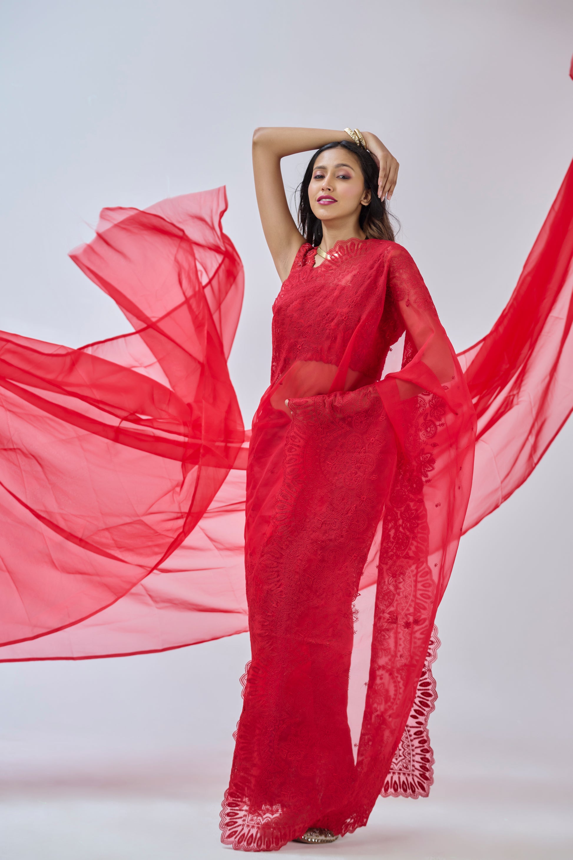 DEEP RED INTRICATE THREAD EMBROIDERED ORGANZA SAREE BESU INDIA
