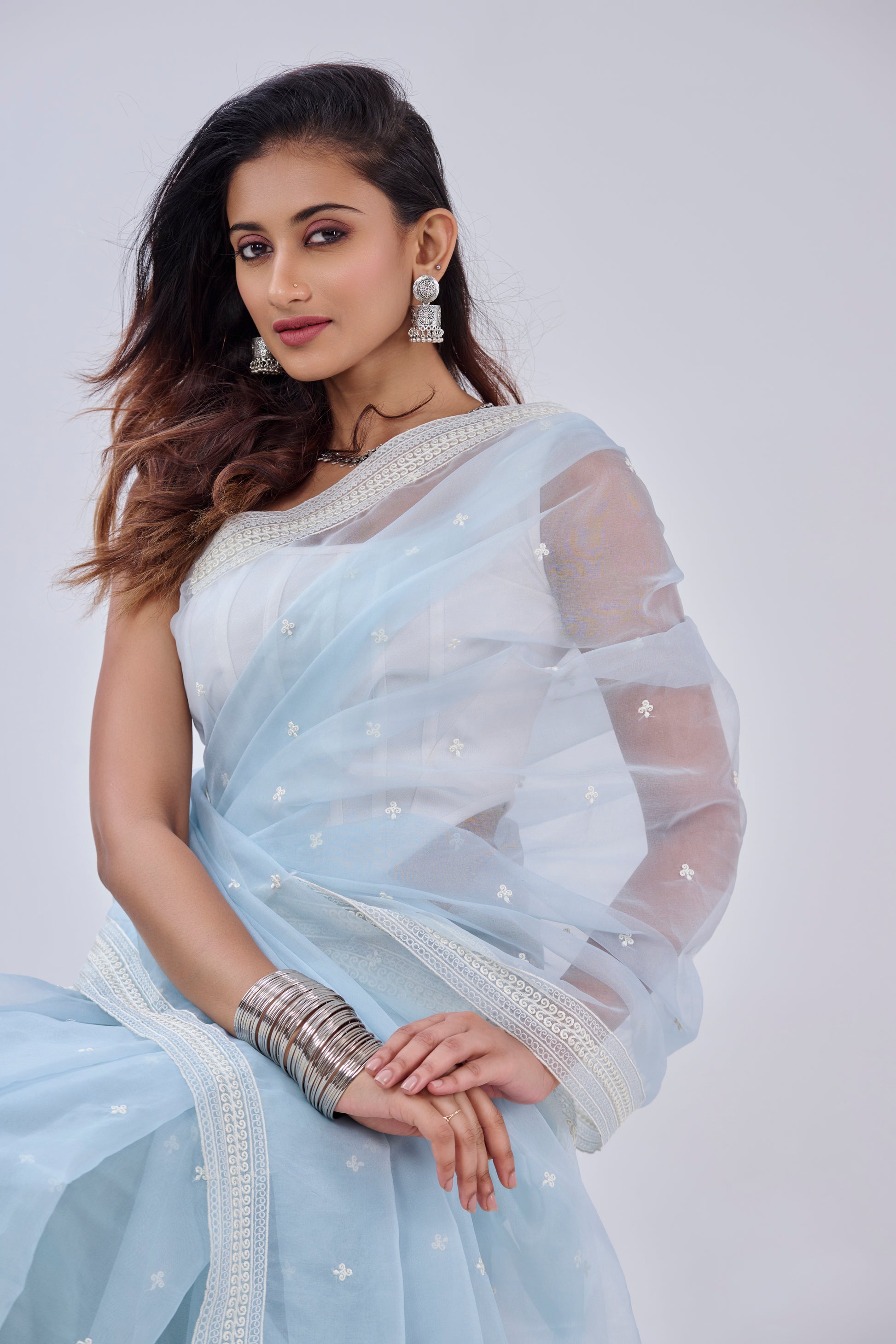 ICE BLUE  THREAD EMBROIDERED ORGANZA SAREE BESU INDIA