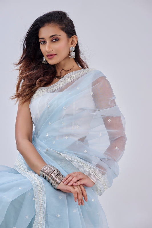 ICE BLUE  THREAD EMBROIDERED ORGANZA SAREE BESU INDIA