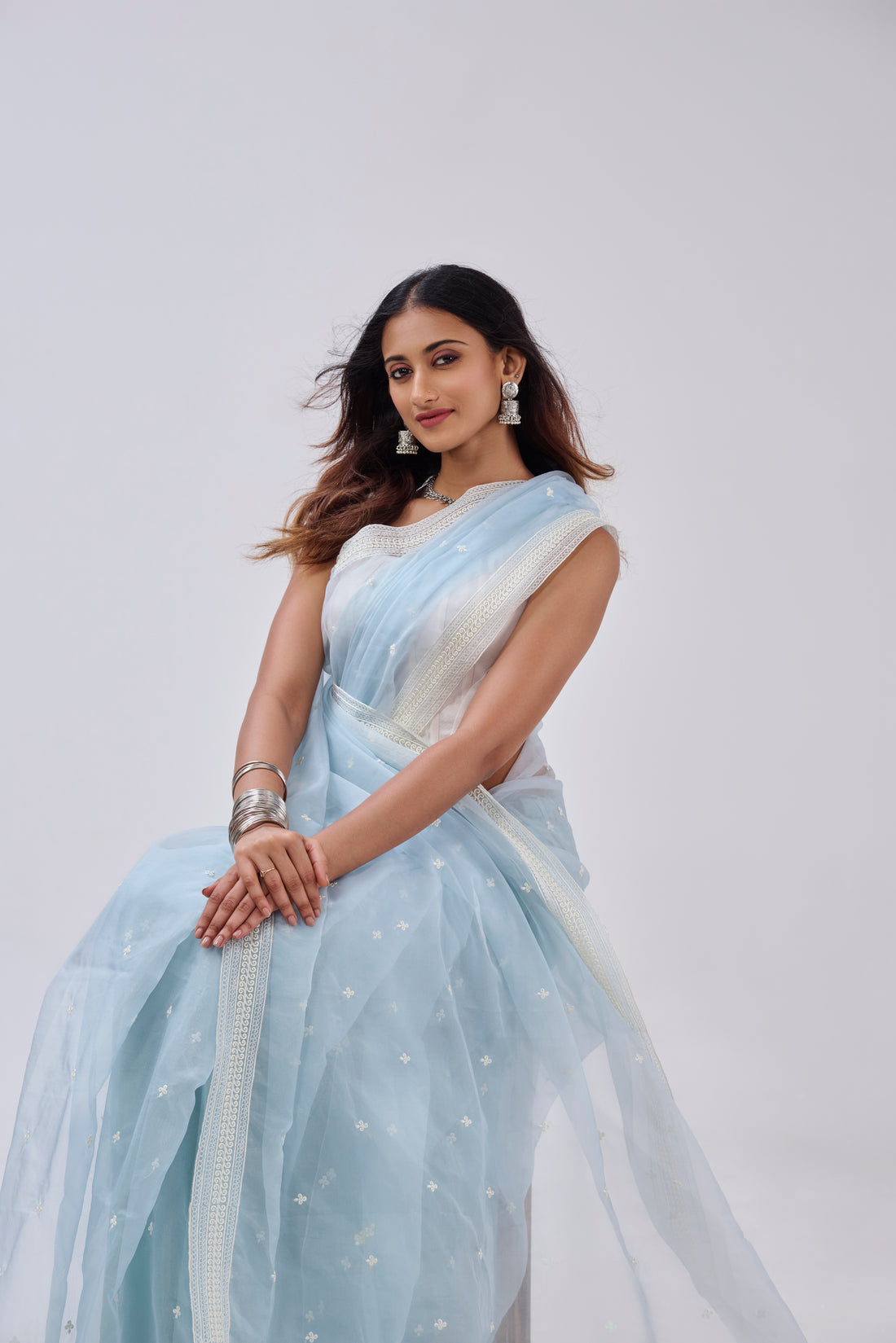 ICE BLUE  THREAD EMBROIDERED ORGANZA SAREE BESU INDIA