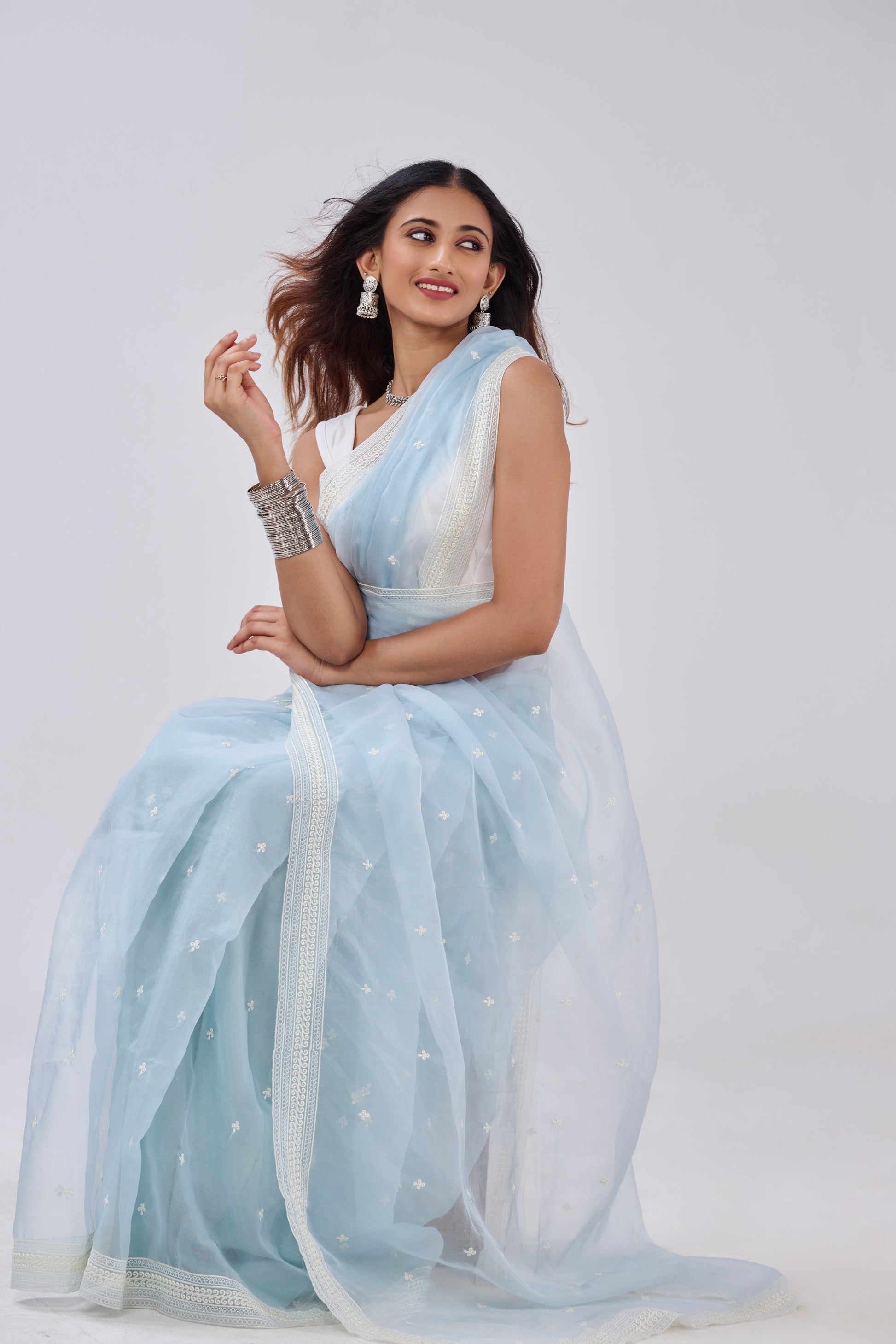 ICE BLUE  THREAD EMBROIDERED ORGANZA SAREE BESU INDIA
