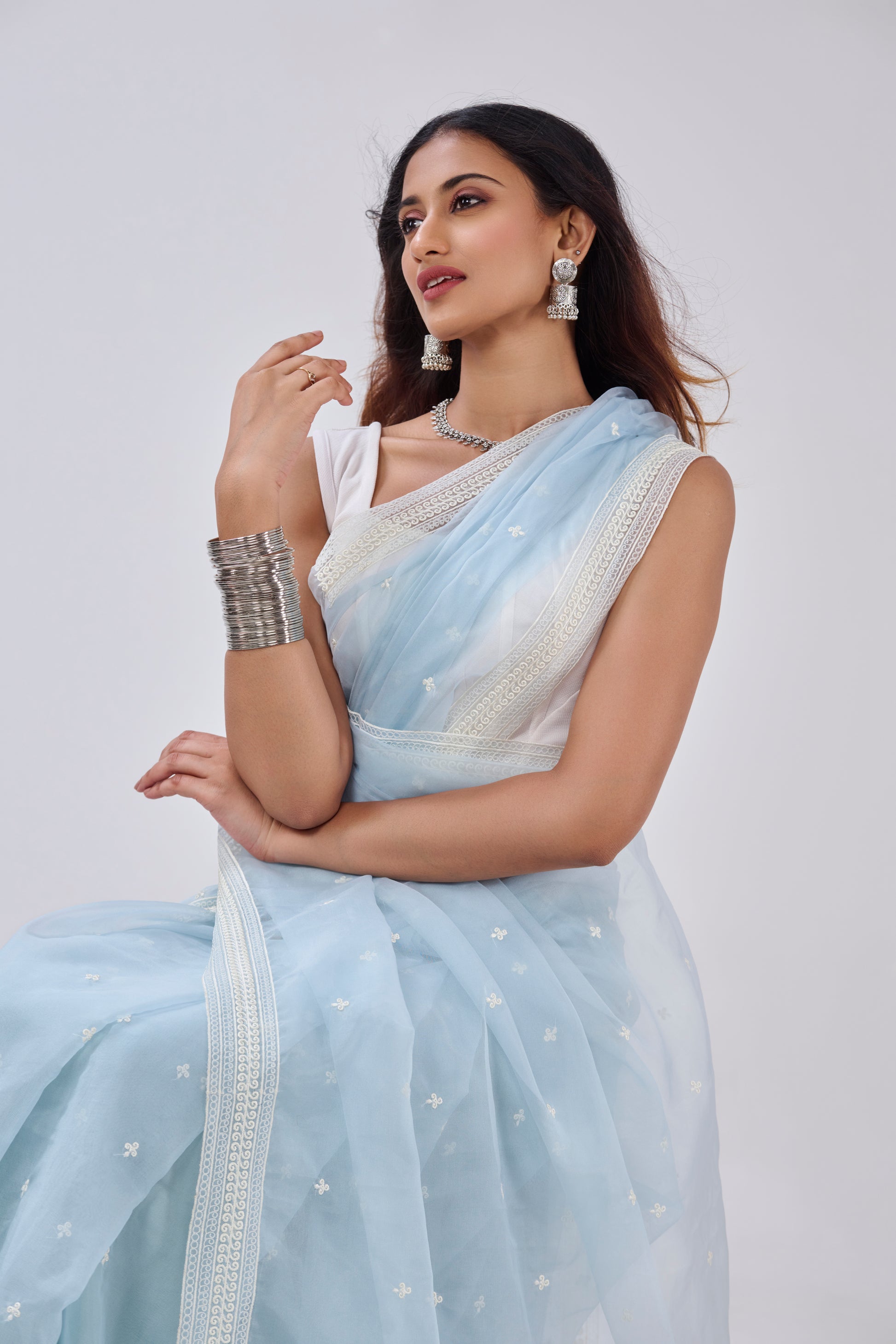 ICE BLUE  THREAD EMBROIDERED ORGANZA SAREE BESU INDIA