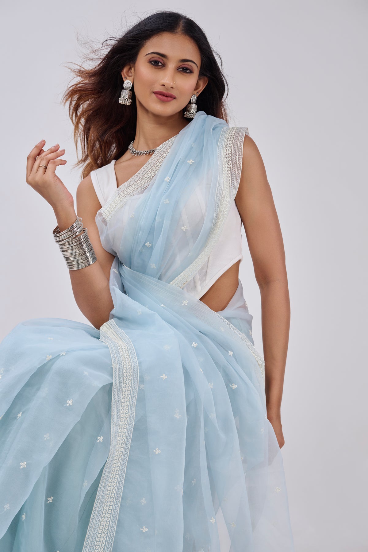 ICE BLUE  THREAD EMBROIDERED ORGANZA SAREE BESU INDIA