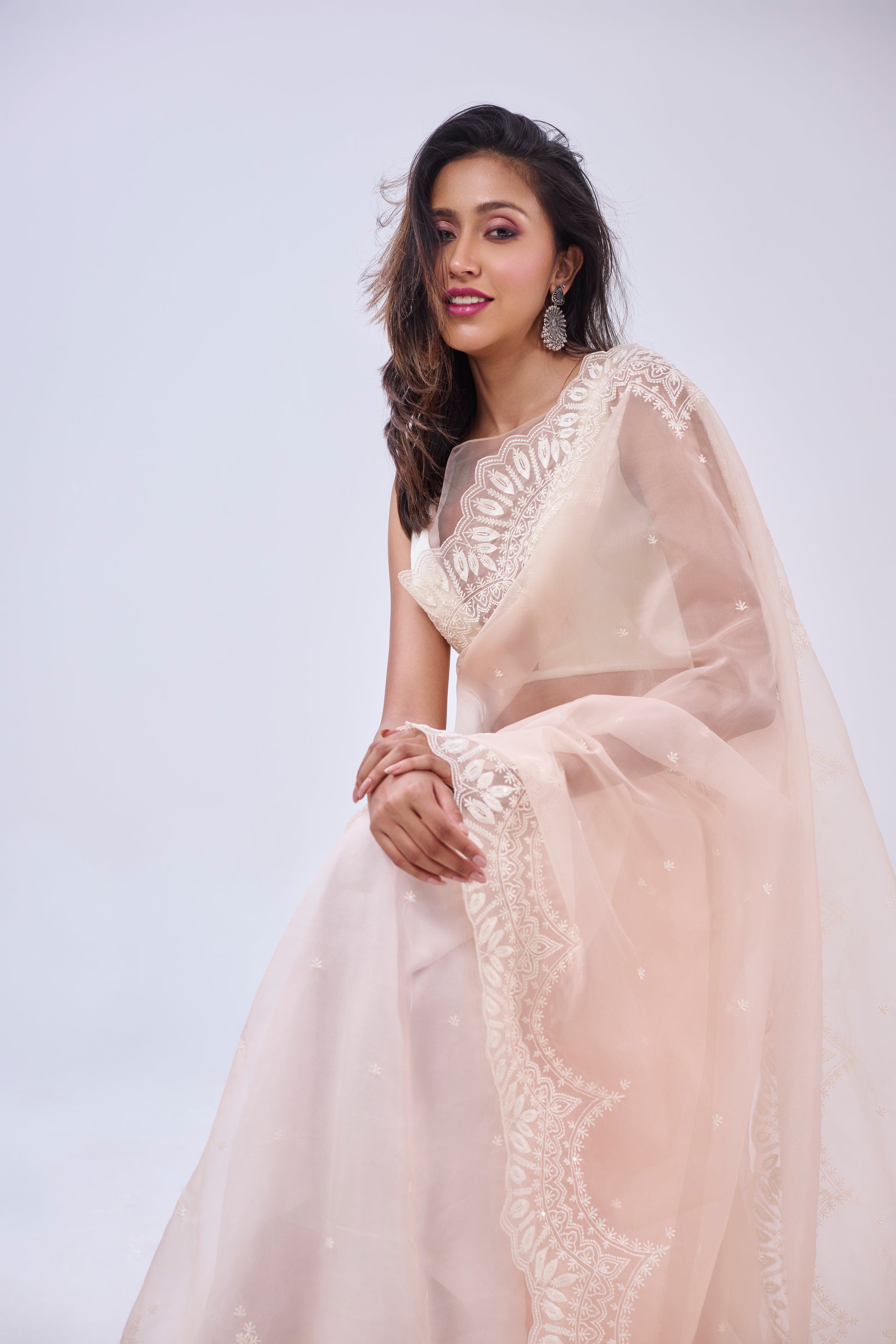 LIGHT PEACH INTRICATE THREAD EMBROIDERED SAREE BESU INDIA