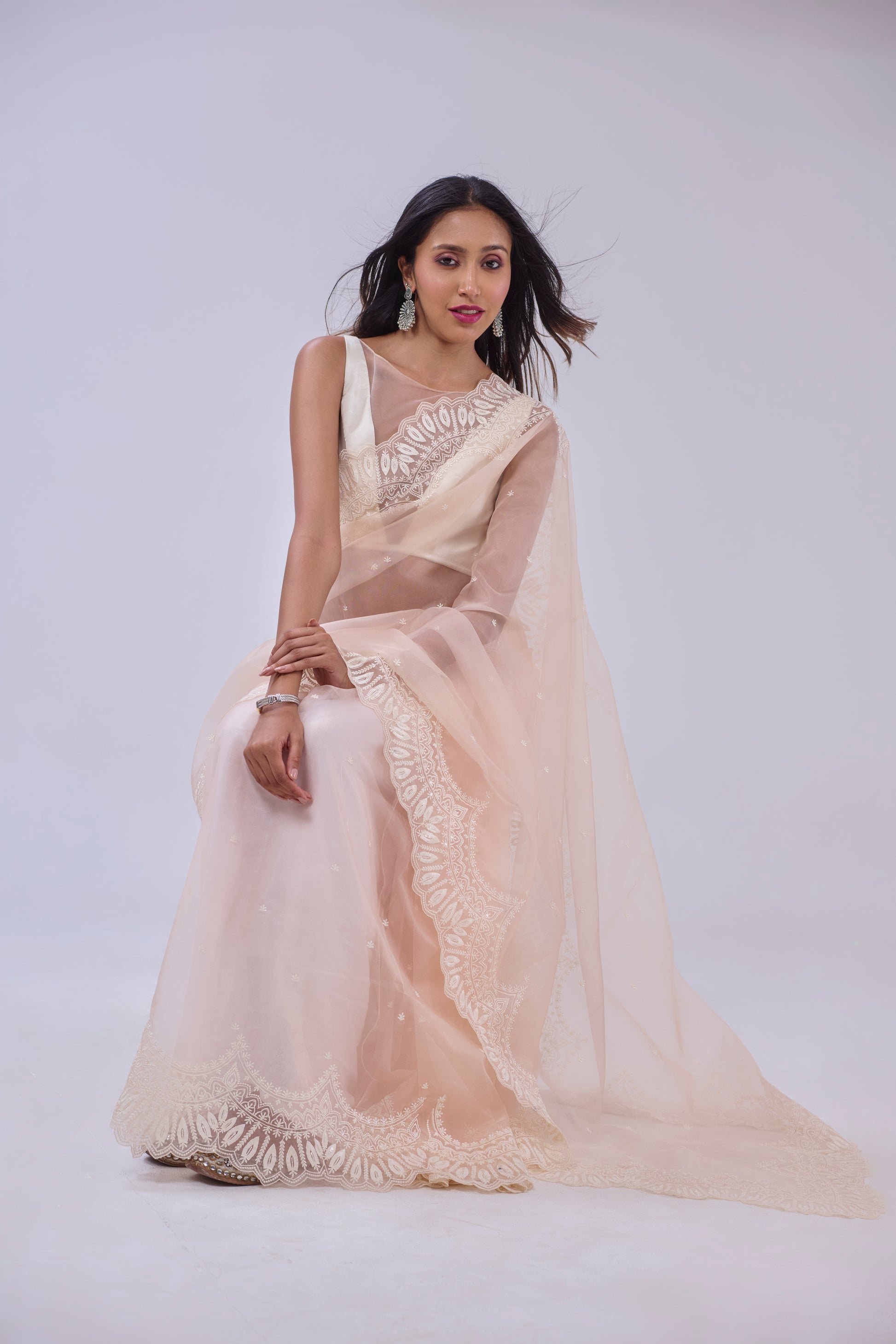 LIGHT PEACH INTRICATE THREAD EMBROIDERED SAREE BESU INDIA