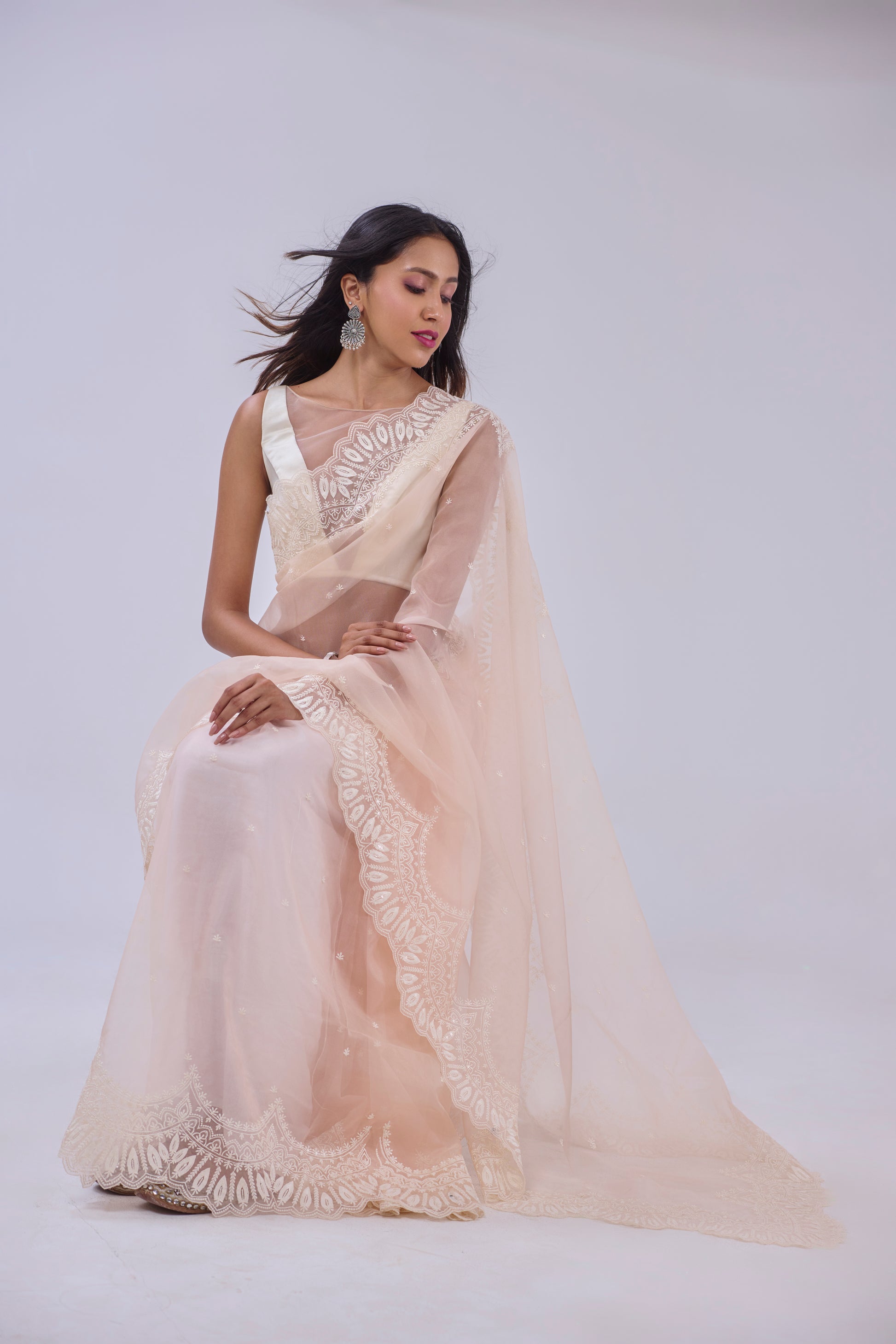 LIGHT PEACH INTRICATE THREAD EMBROIDERED SAREE BESU INDIA