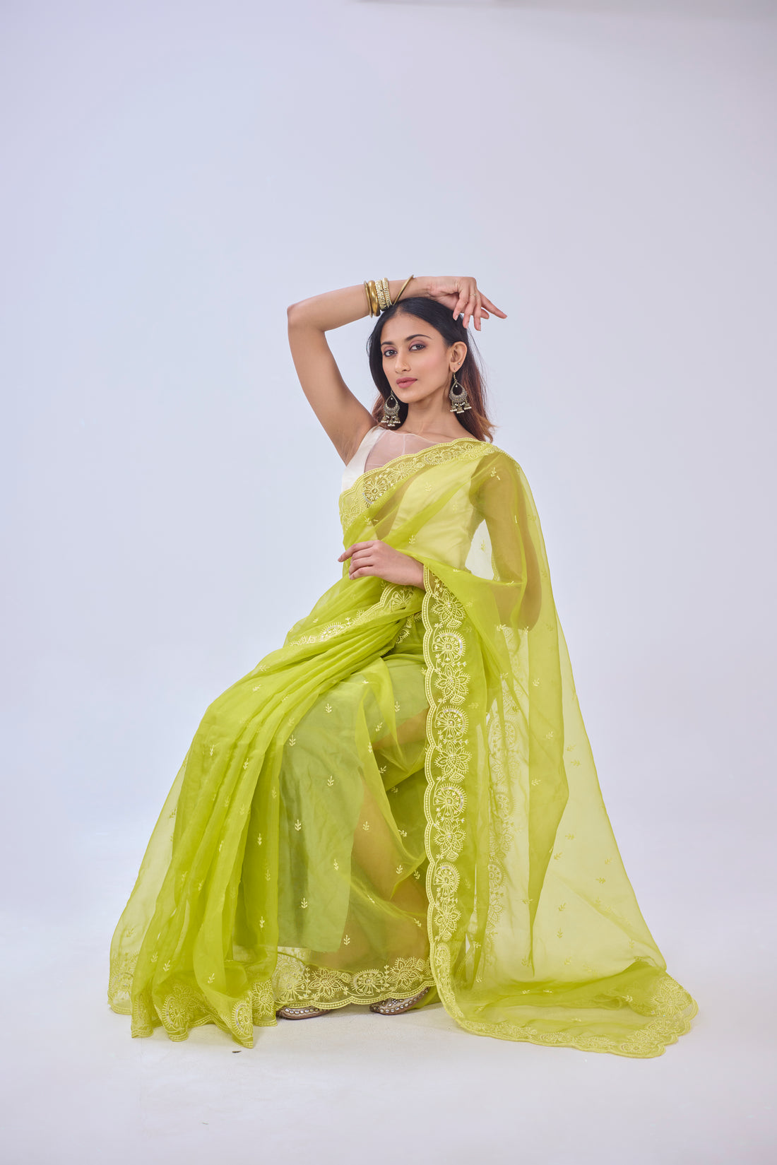 BRIGHT GREEN EMBROIDERED ORGANZA SAREE BESU INDIA