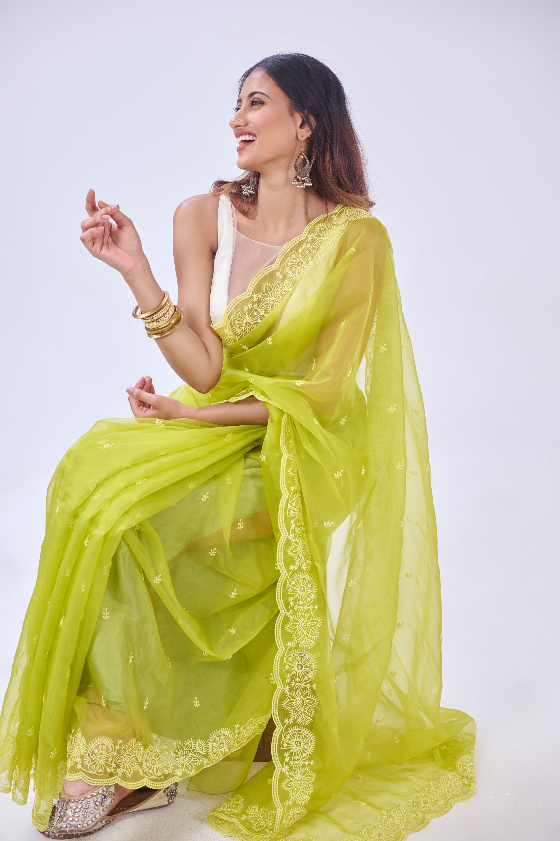 BRIGHT GREEN EMBROIDERED ORGANZA SAREE BESU INDIA