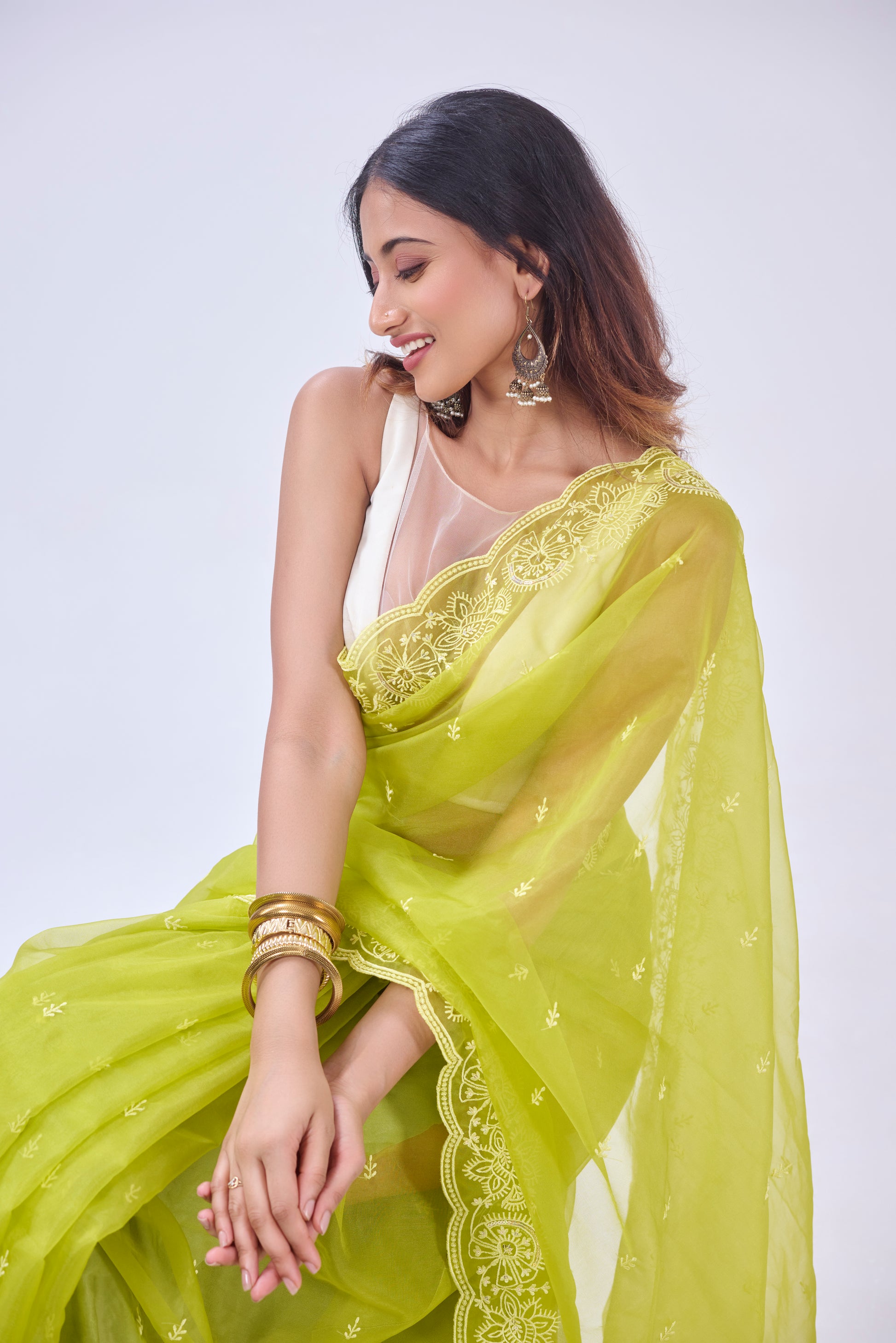 BRIGHT GREEN EMBROIDERED ORGANZA SAREE BESU INDIA