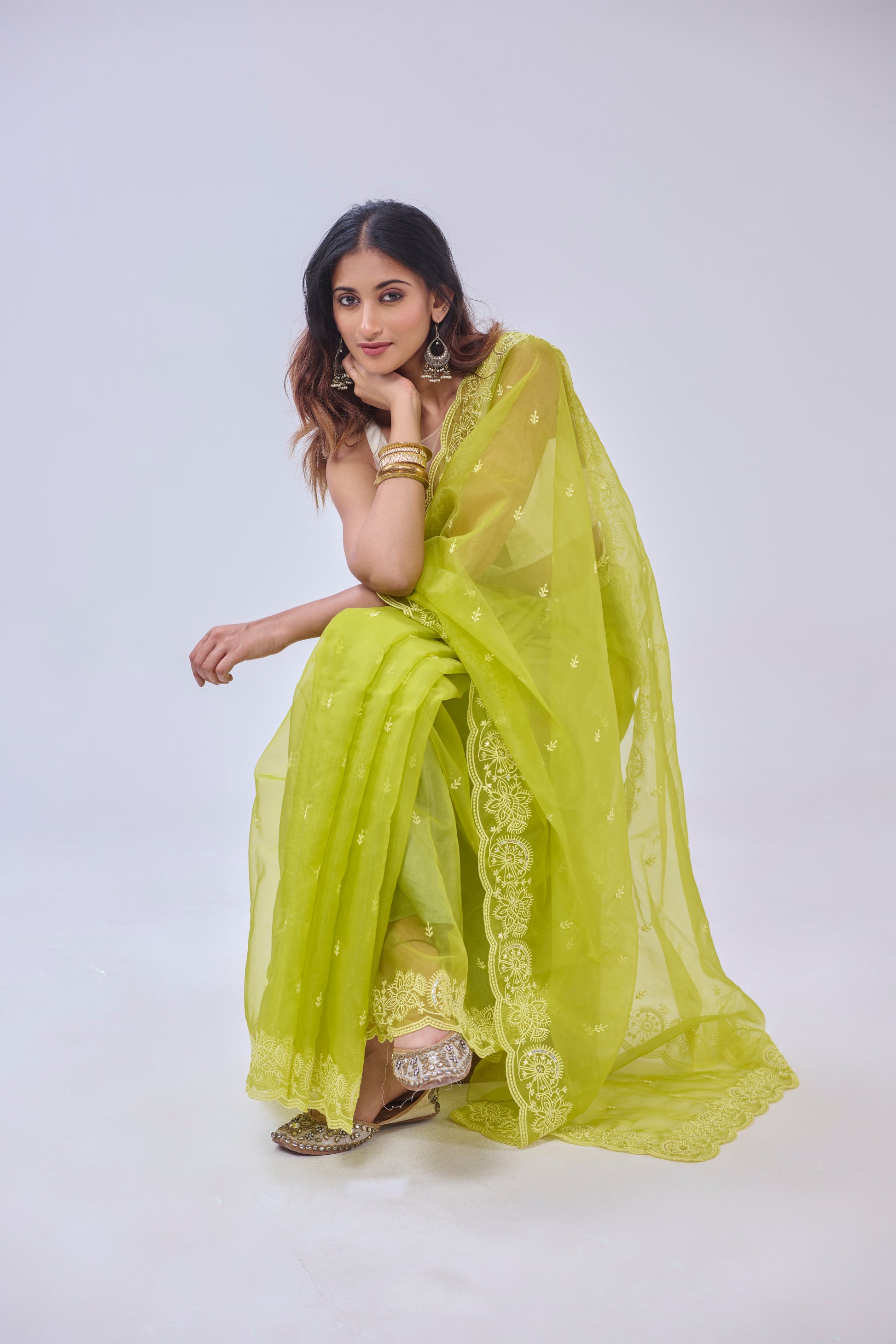 BRIGHT GREEN EMBROIDERED ORGANZA SAREE BESU INDIA