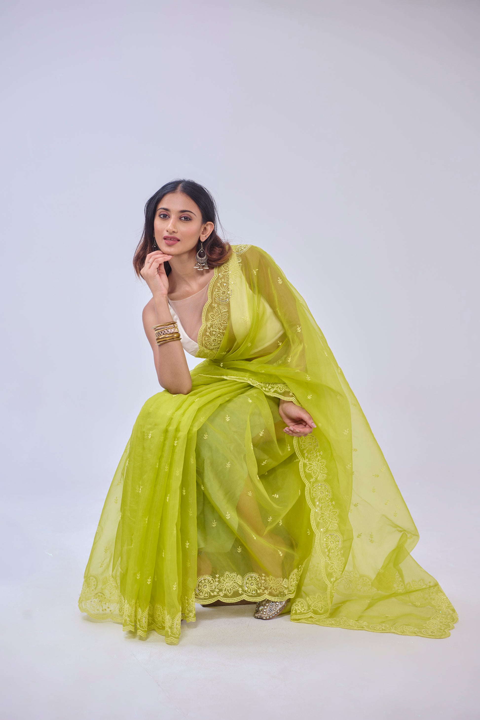 BRIGHT GREEN EMBROIDERED ORGANZA SAREE BESU INDIA