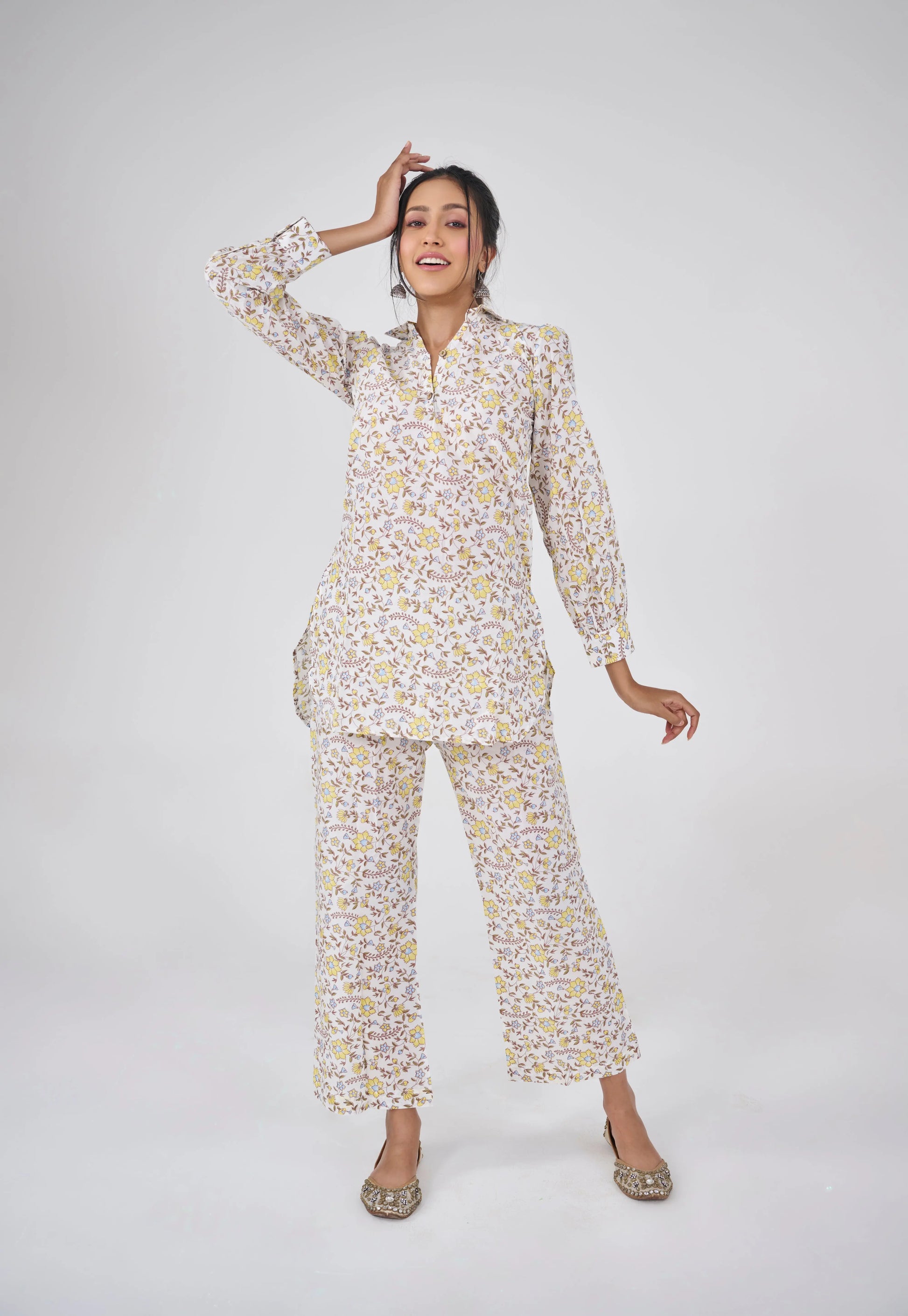YELLOW FLORAL CO-ORD KURTA SET BESU INDIA