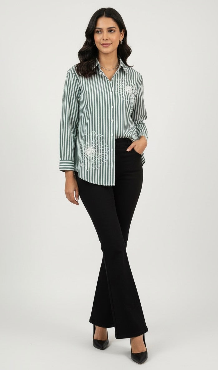 GREEN AND WHITE STRIPED SHIRT WITH PEARL BEADS EMBROIDERY BESU INDIA