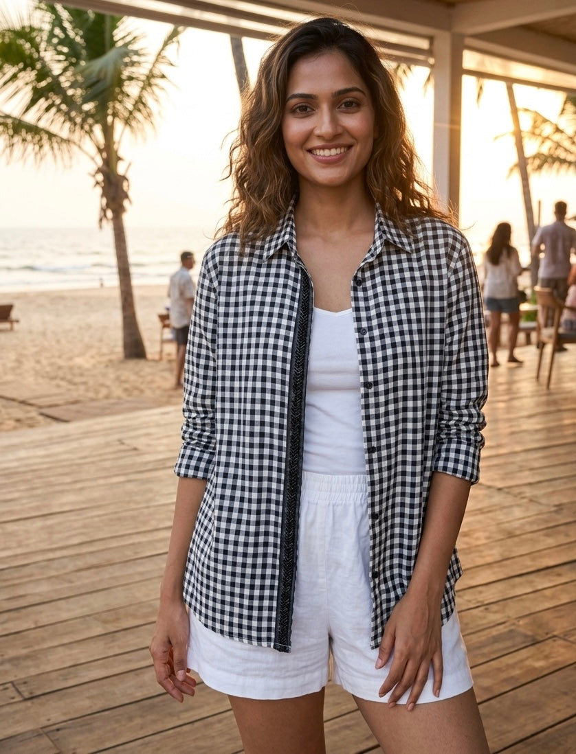 BLACK CHECKS SHIRT WITH EMBROIDERED PLACKET BESU INDIA