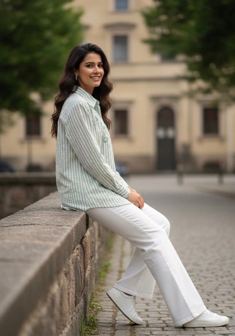 MINT GREEN STRIPED SHIRT WITH FLORAL EMBROIDERY BESU INDIA