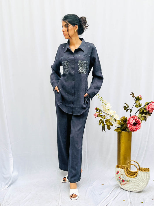 SPACE GREY SEQUINS POCKET CO-ORD SET BESU INDIA