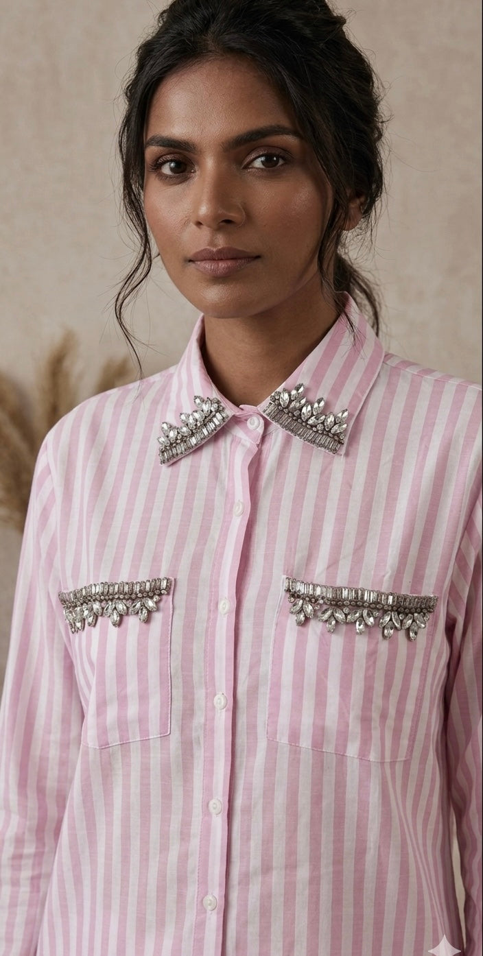 CANDY-PINK STRIPED SHIRT WITH EMBELLISHMENTS BESU INDIA