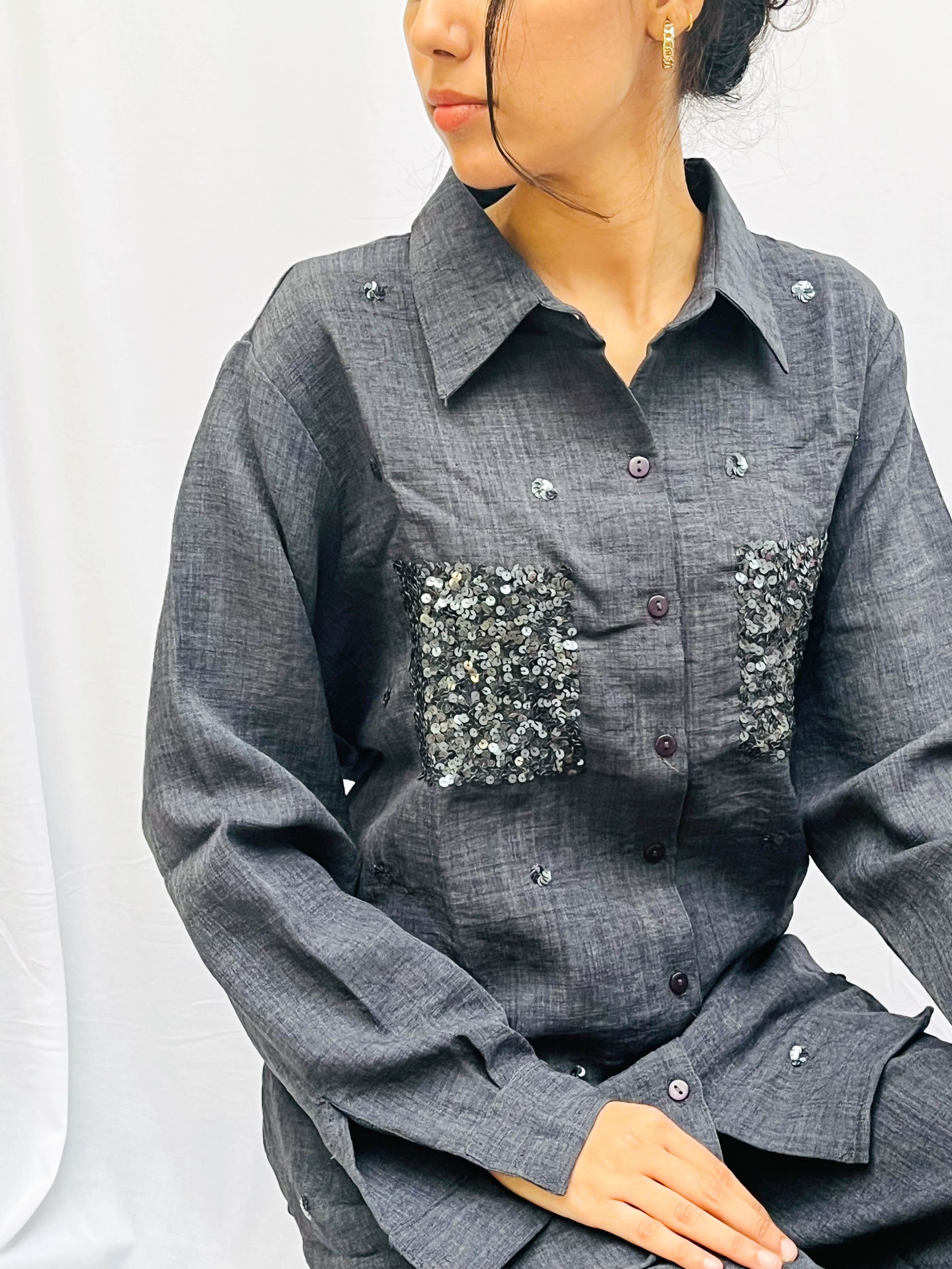 SPACE GREY SEQUINS POCKET CO-ORD SET BESU INDIA