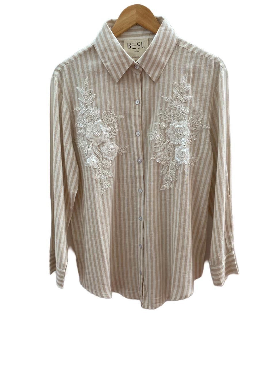 BEIGE AND WHITE STRIPED COTTON SHIRT WITH PATCH WORK BESU INDIA