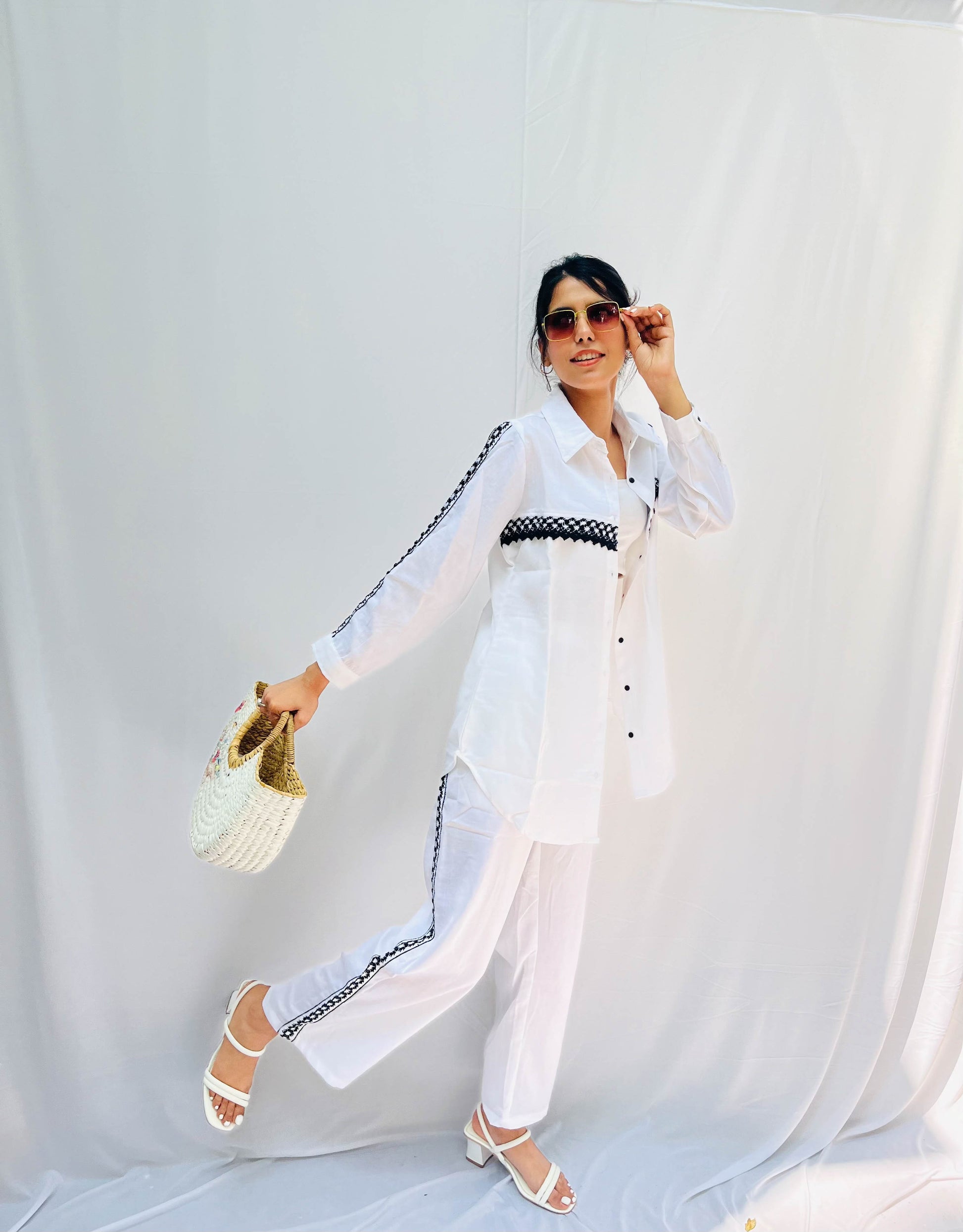 WHITE COTTON CO-ORD WITH BLACK LACE DETAILING BESU INDIA