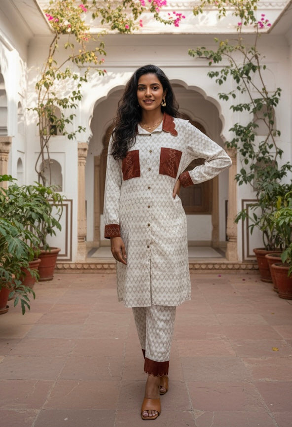 GOLD GEOMETRIC PRINT KURTA CO-ORD SET WITH RUST POCKETS BESU INDIA