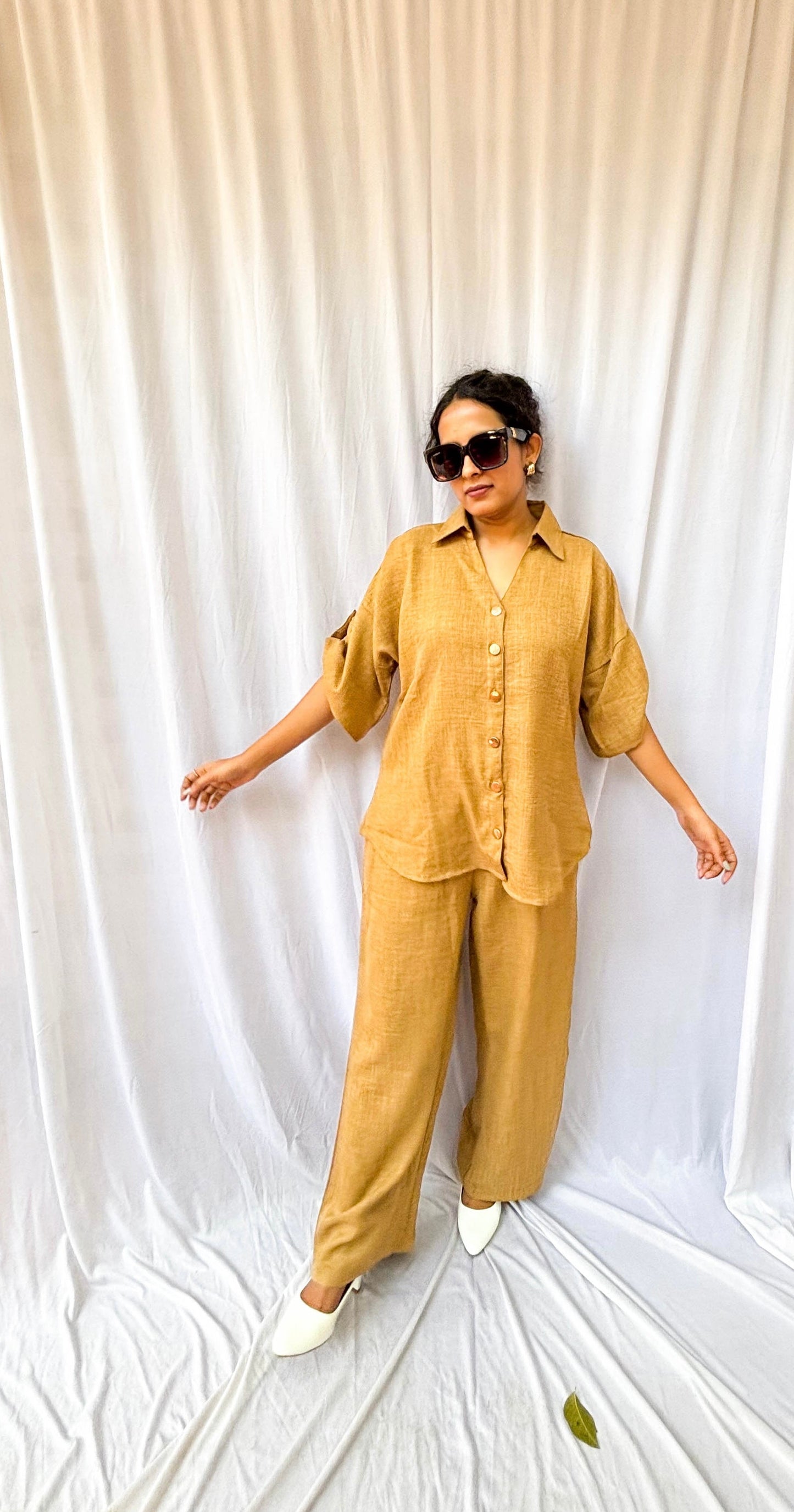 BROWN SOFT COTTON CO-ORDS WITH GOLD BUTTONS BESU INDIA